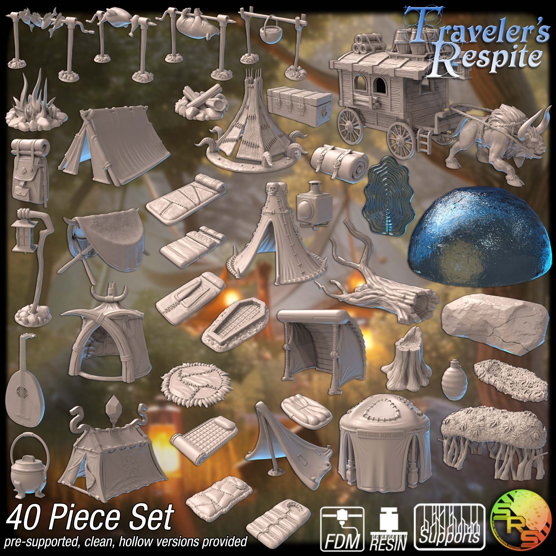 Traveller’s Respite Terrain Set – Resin & PLA 3D Printed Campsite Scenery for Tabletop Gaming & Dioramas