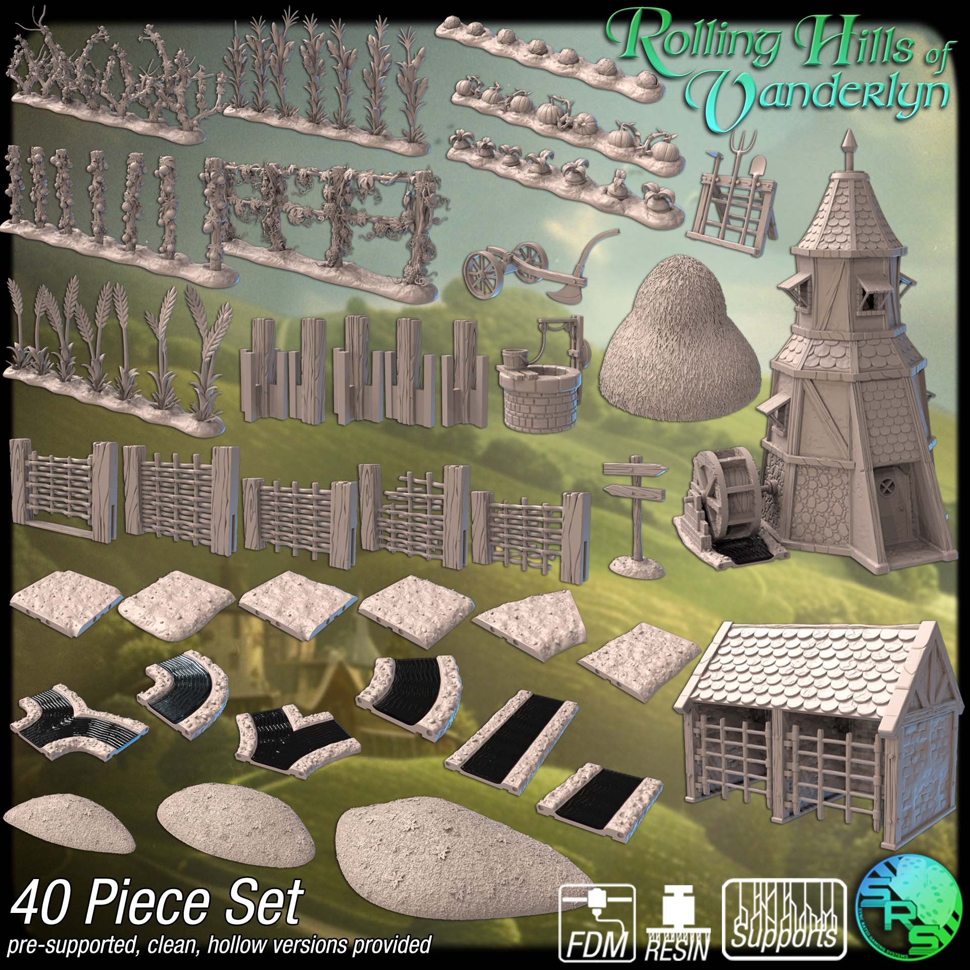 Rolling Hills of Vanderlyn Terrain Set – Resin & PLA 3D Printed Countryside Scenery for Tabletop Gaming & Dioramas