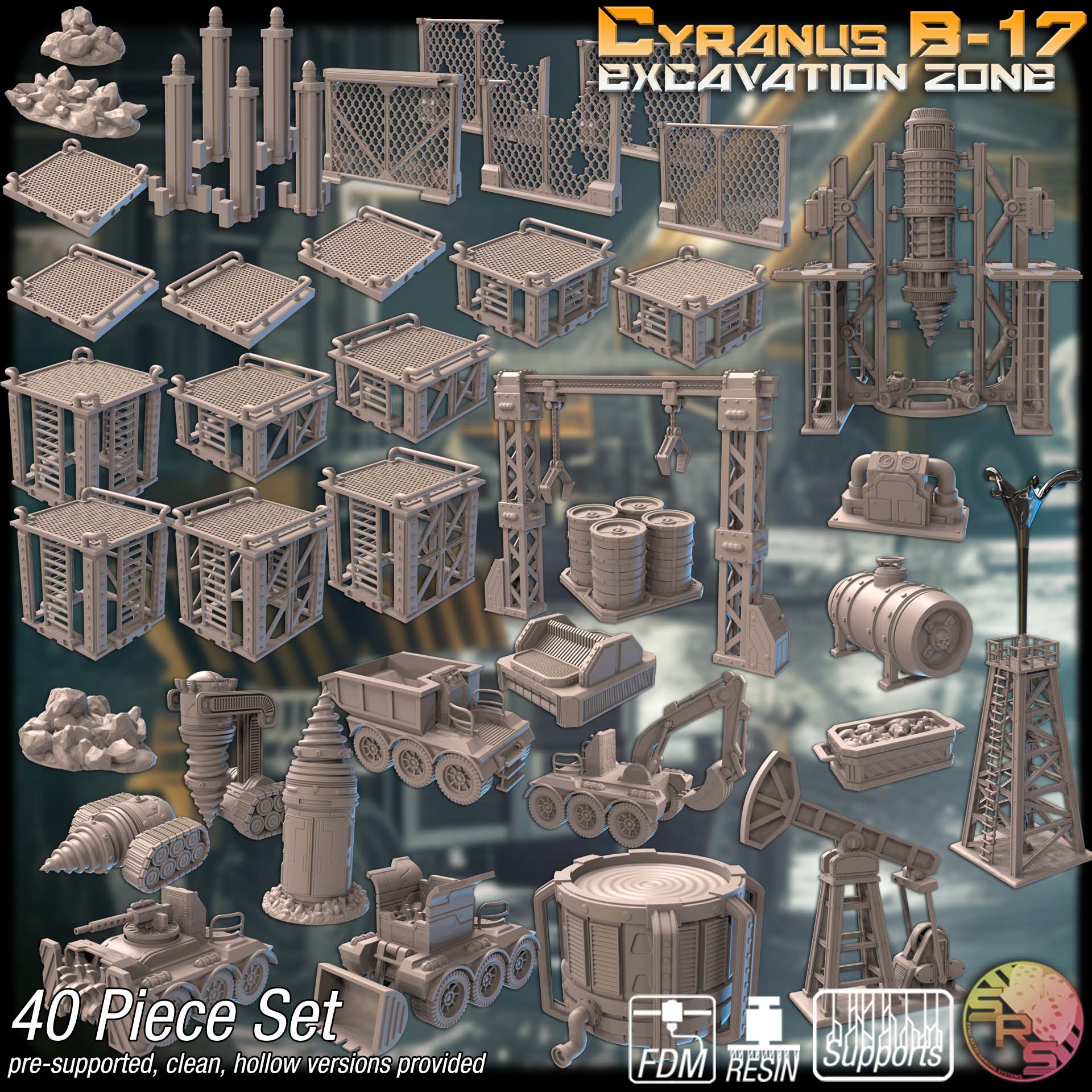 Cyranus B-17 Excavation Zone Terrain Set – Resin 3D Printed Sci-Fi Drill Site Scenery for Tabletop Gaming & Dioramas
