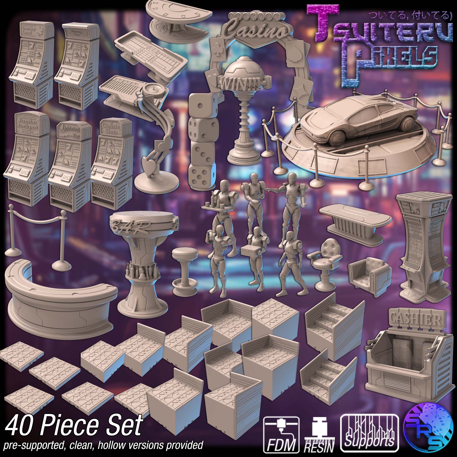 Tsuiteru Pixels Terrain Set – Resin & PLA 3D Printed Cyberpunk Casino Scenery for Tabletop Gaming & Dioramas