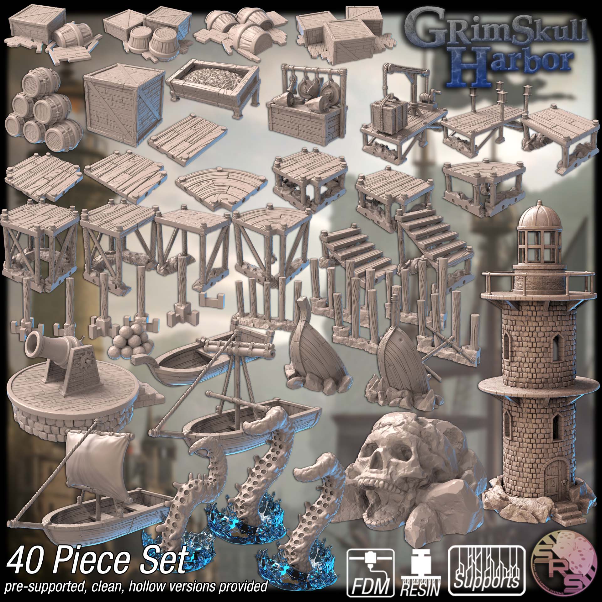 GrimSkull Harbor Terrain Set – Resin & PLA 3D Printed Scenery for Tabletop Gaming & Dioramas