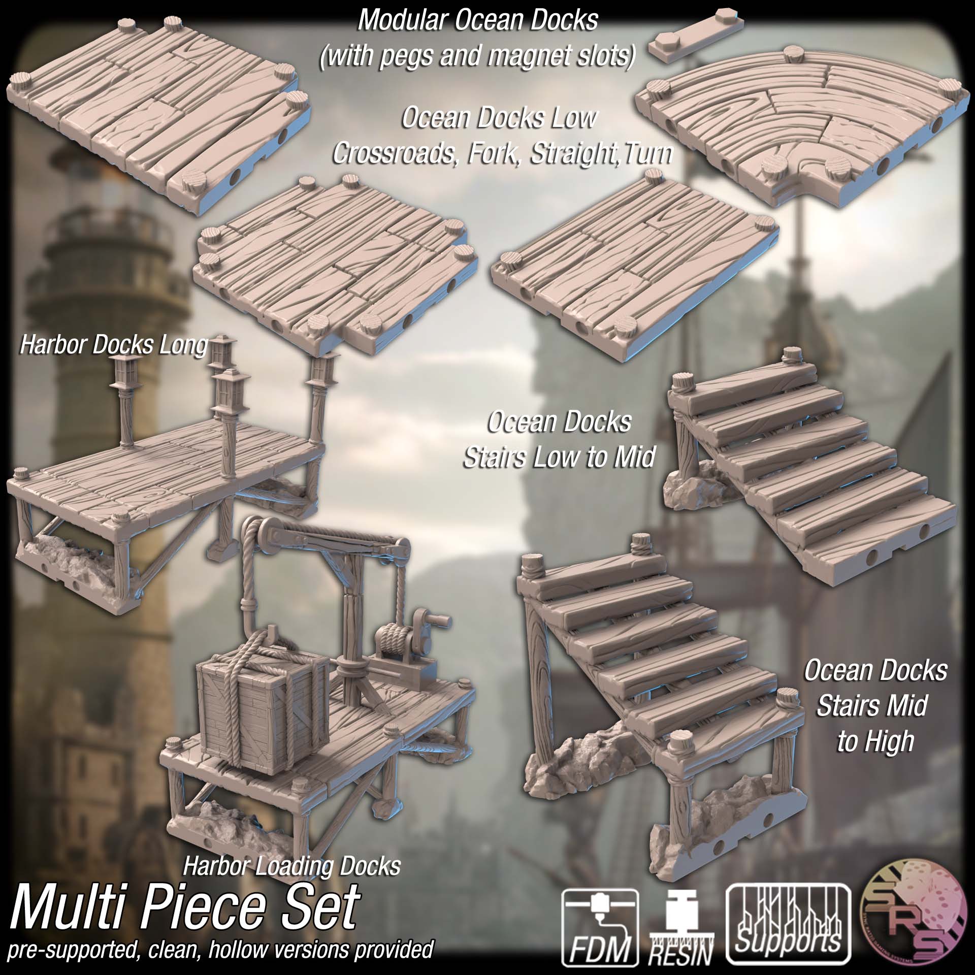 GrimSkull Harbor Terrain Set – Resin & PLA 3D Printed Scenery for Tabletop Gaming & Dioramas
