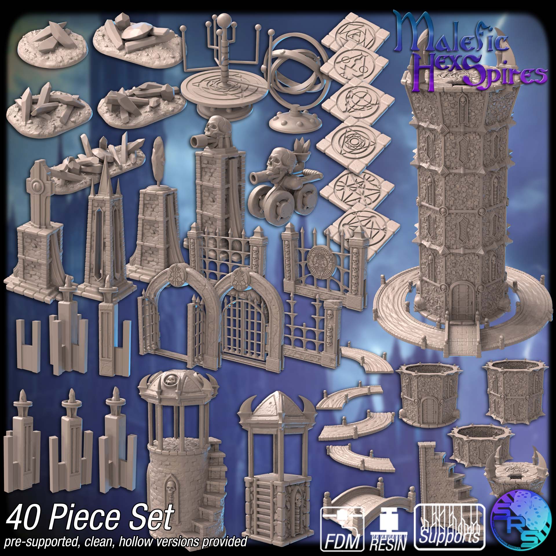Malefic Hexspires Terrain Set – Resin & PLA 3D Printed Wizard Tower Scenery for Tabletop Gaming & Dioramas