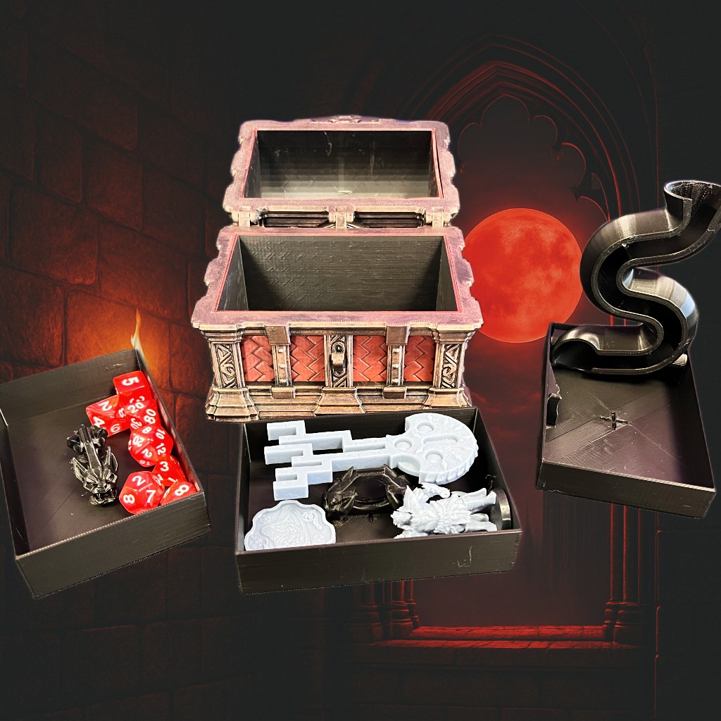 Vampire Treasure Chest – 3D Printed Dice Storage Box with Folding Dice Tower & Optional Accessories