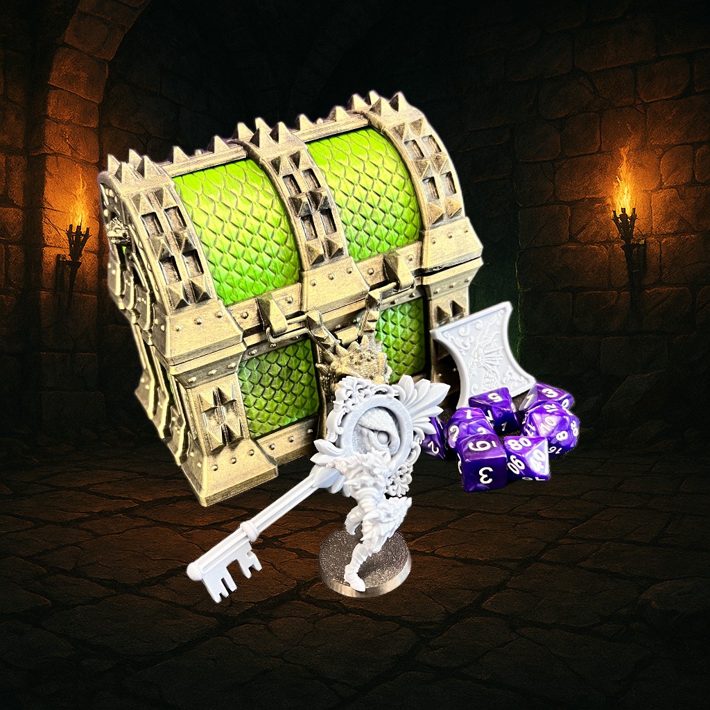 Dragon Treasure Chest – 3D Printed Dice Storage Box with Folding Dice Tower & Optional Accessories