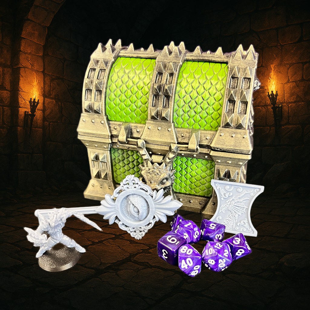 Dragon Treasure Chest – 3D Printed Dice Storage Box with Folding Dice Tower & Optional Accessories