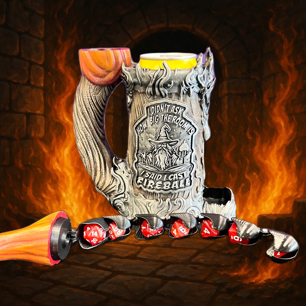 Fireball Dice Mug – Fantasy Can Cosy & Dice Tower with Hidden Dice Snake