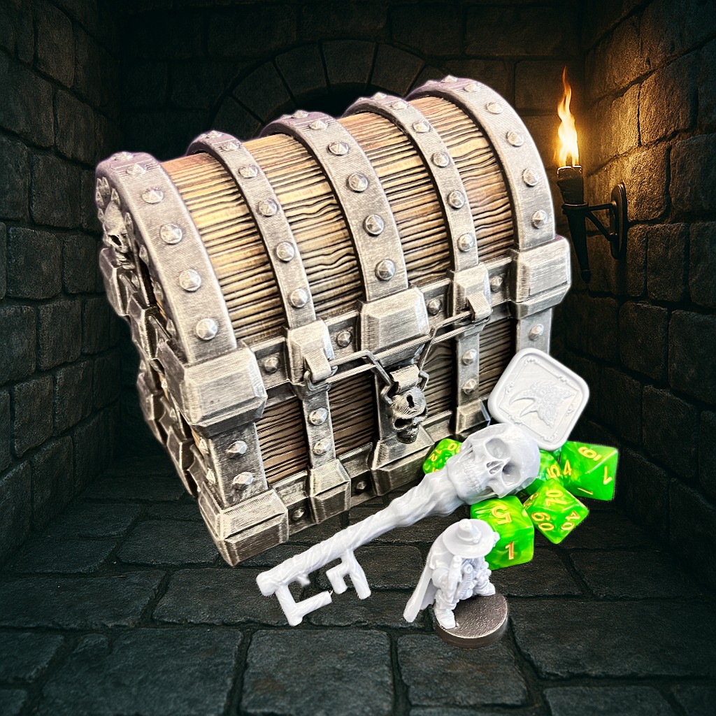 Skull Treasure Chest – 3D Printed Dice Storage Box with Folding Dice Tower & Optional Accessories