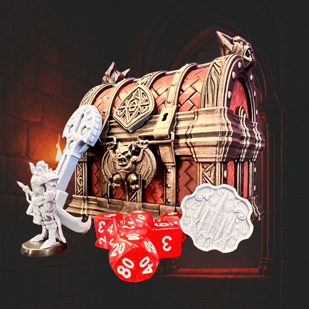 Vampire Treasure Chest – 3D Printed Dice Storage Box with Folding Dice Tower & Optional Accessories