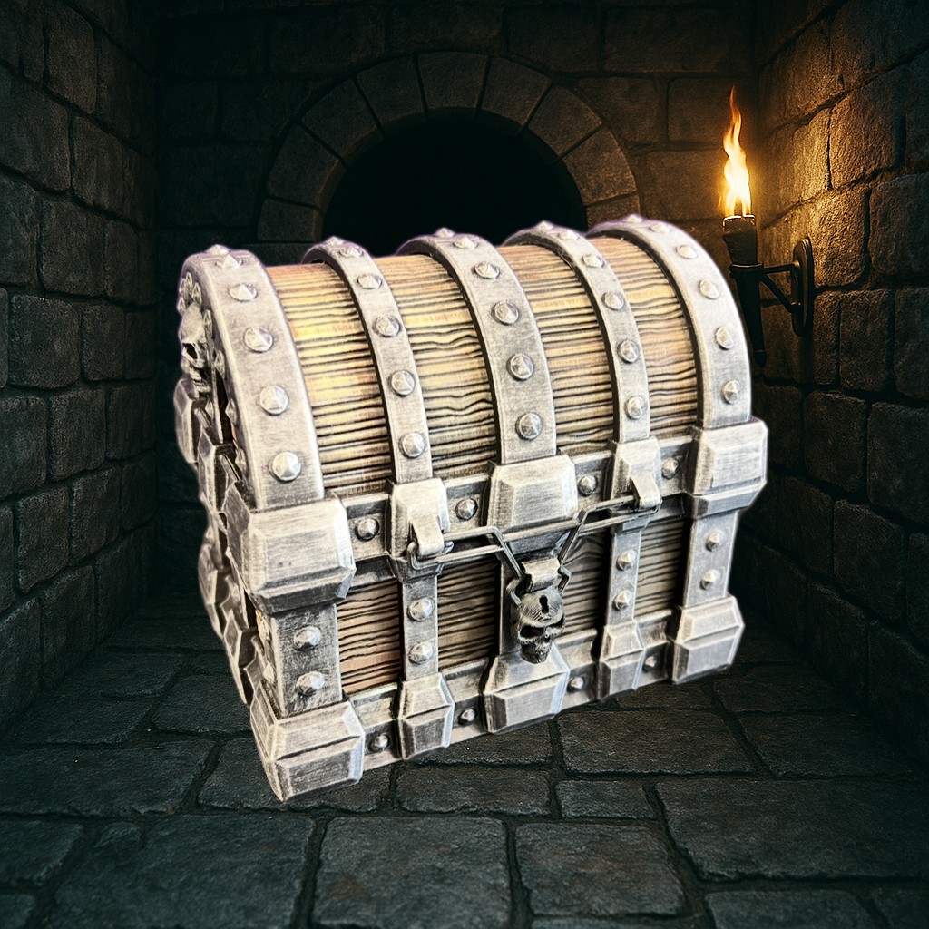 Skull Treasure Chest – 3D Printed Dice Storage Box with Folding Dice Tower & Optional Accessories