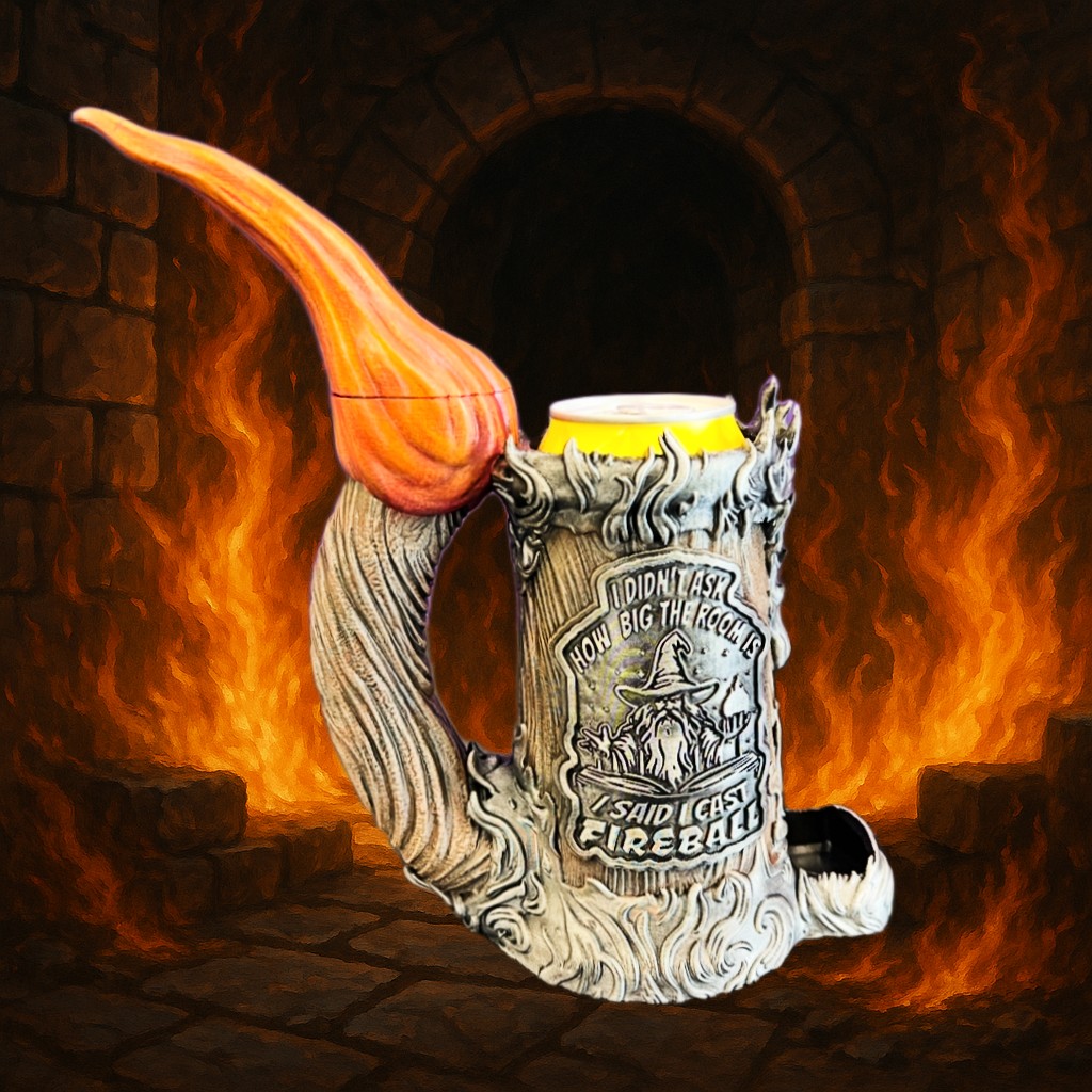 Fireball Dice Mug – Fantasy Can Cosy & Dice Tower with Hidden Dice Snake