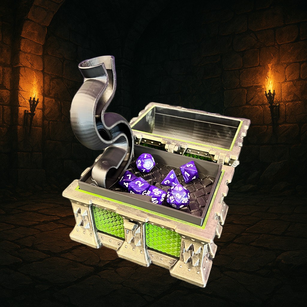Dragon Treasure Chest – 3D Printed Dice Storage Box with Folding Dice Tower & Optional Accessories