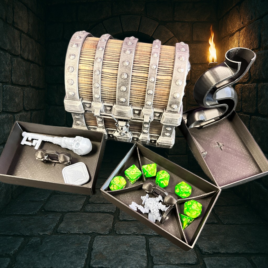 Skull Treasure Chest – 3D Printed Dice Storage Box with Folding Dice Tower & Optional Accessories