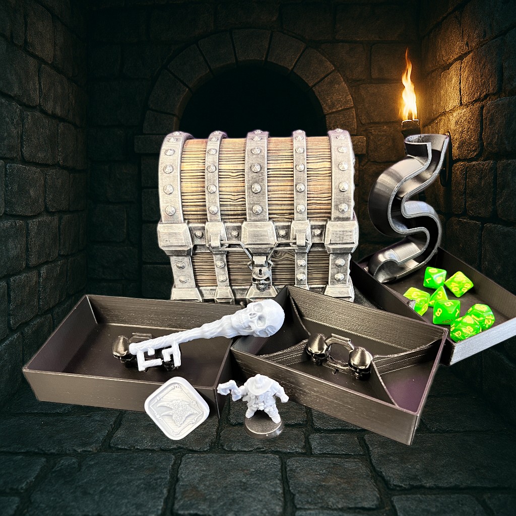 Skull Treasure Chest – 3D Printed Dice Storage Box with Folding Dice Tower & Optional Accessories