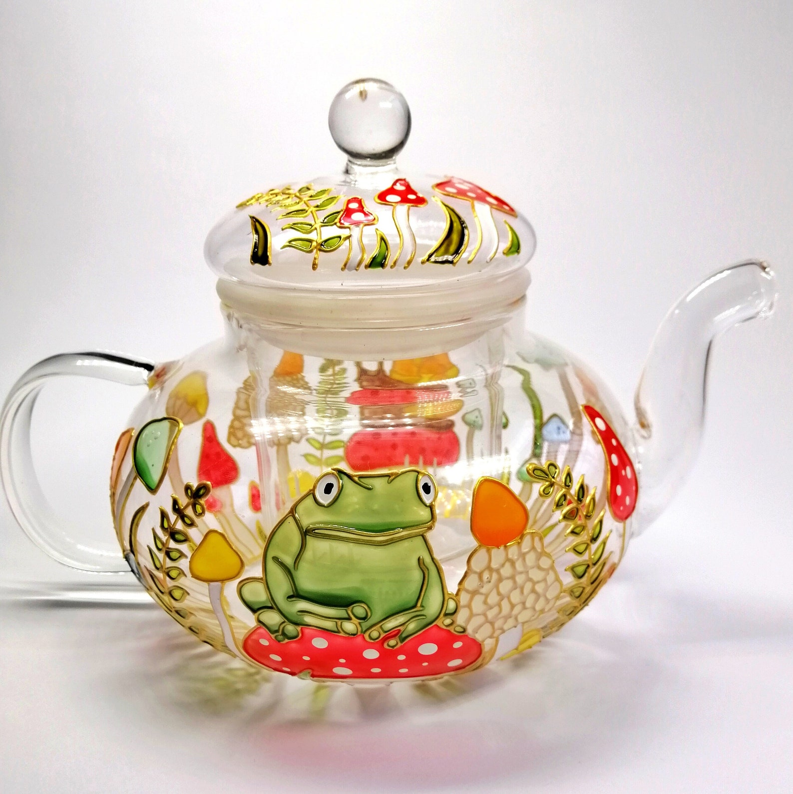 Frog glass teapot with infuser hand painted Snail tea kettle Mushroom teapot personalised holiday hosting Tea party decor New home gift