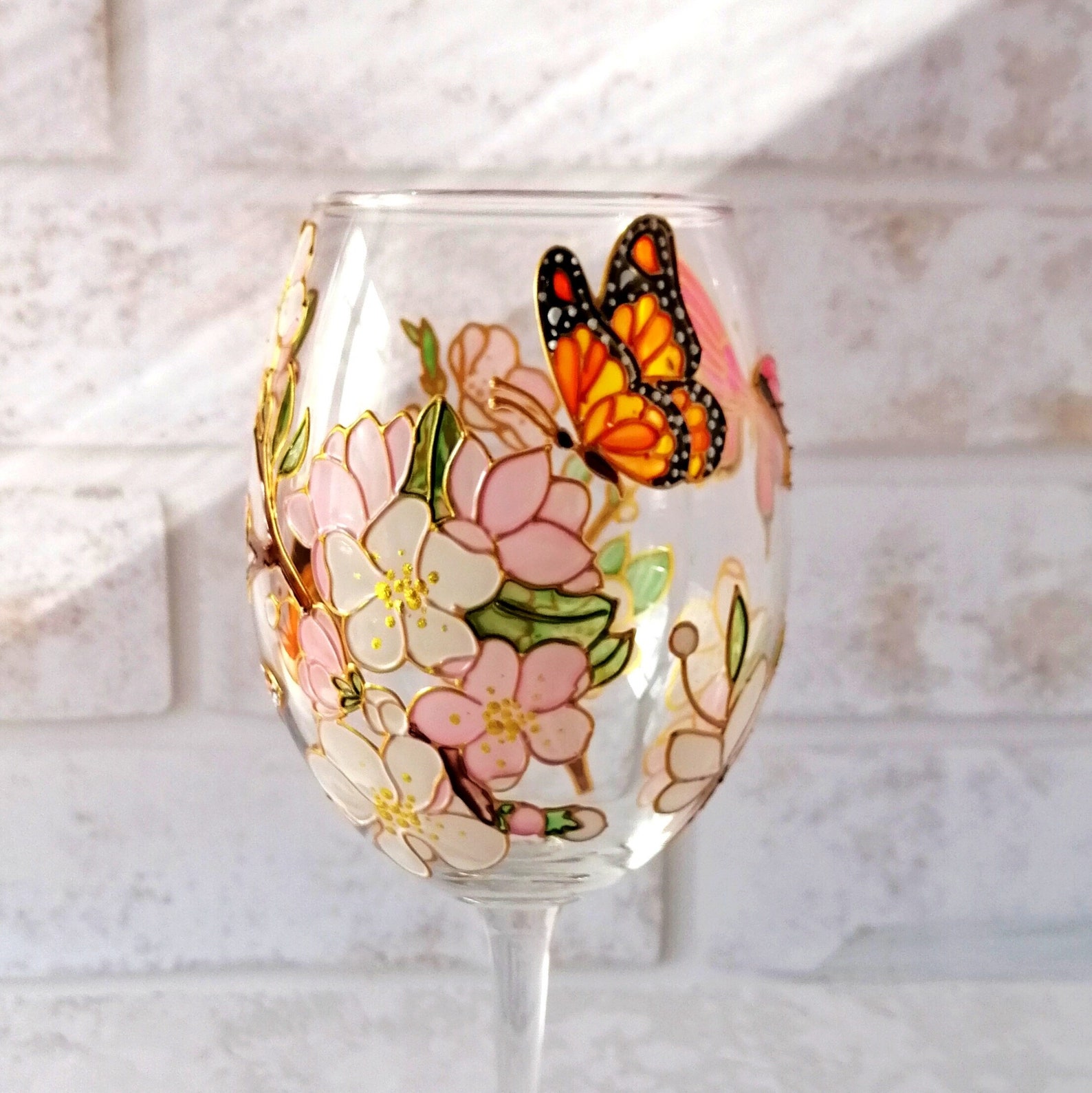 Cherry blossom wine glass Monarch butterfly wine glass personalised Mother's day gift Custom wedding glasses Spring gift for girlfriend