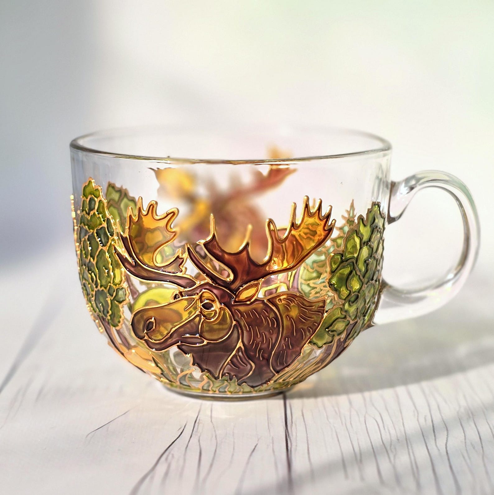 Handmade moose mug Personalized big glass coffee mug Forest lover gift for him Birthday gift for her Nature inspired gift for best friend