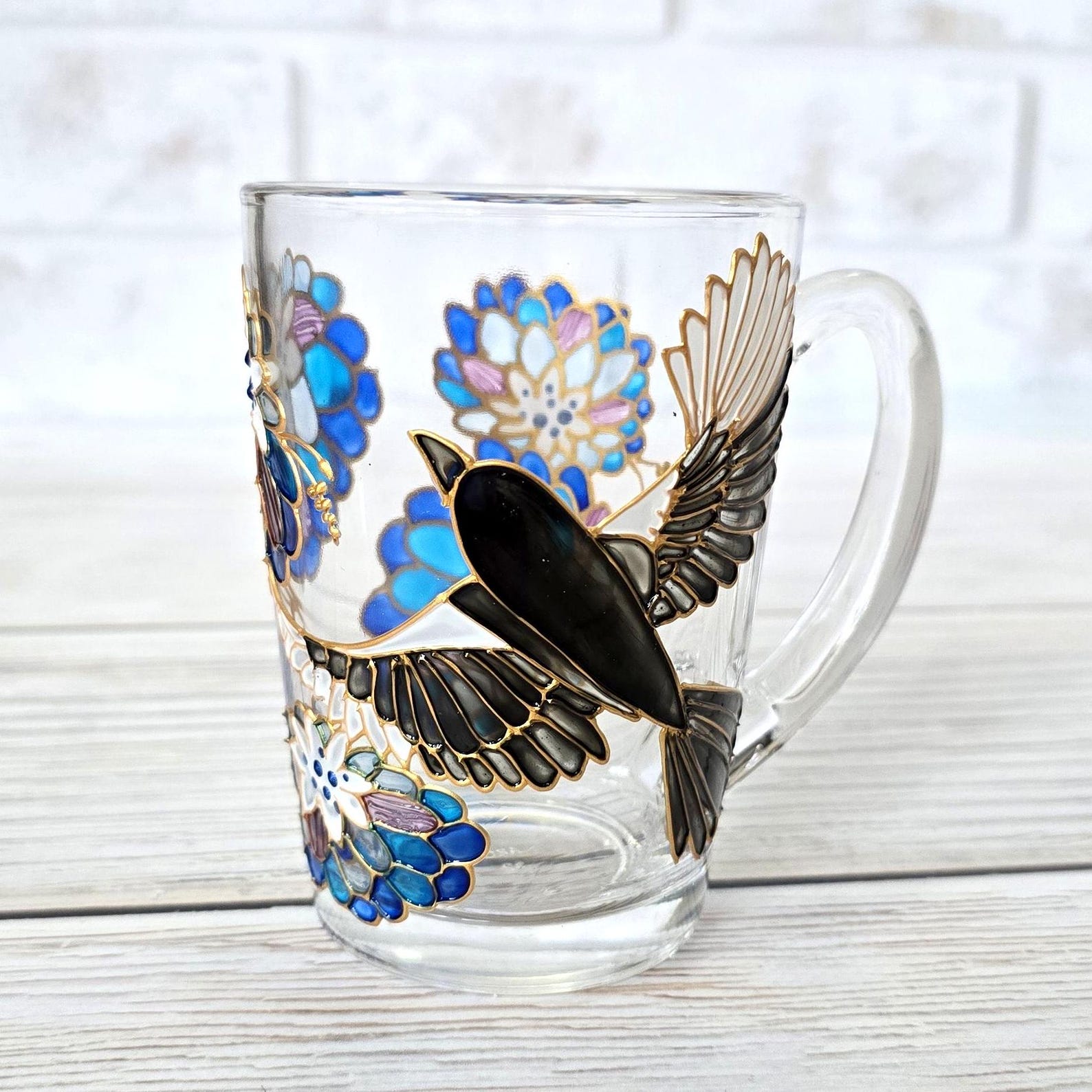 Personalized Magpie coffee mug handmade Flower glass mug with bird Birthday gift for him Anniversary gift for husband Custom mug for man