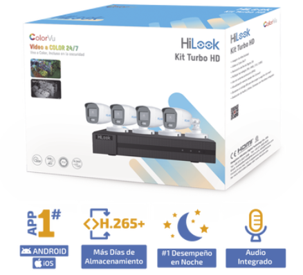 Kit TurboHD 1080p / DVR 4 Canales / 4 Cámaras Bala ColorVu con Micrófono Integrado / Fuente de Poder / Accesorios de Instalación