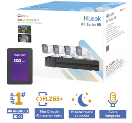 Kit TurboHD 1080p + SSD 1 TB / DVR 4 Canales / 4 Cámaras Bala ColorVu con Micrófono Integrado / Fuente de Poder / Accesorios de Instalación