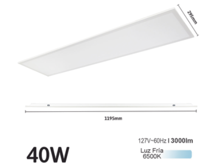 Panel LED Rectangular Empotrado o Suspendido /1195 x 295 mm / 127 Vca~60Hz / TC 6 500 K / Angulo de Luz de 140°