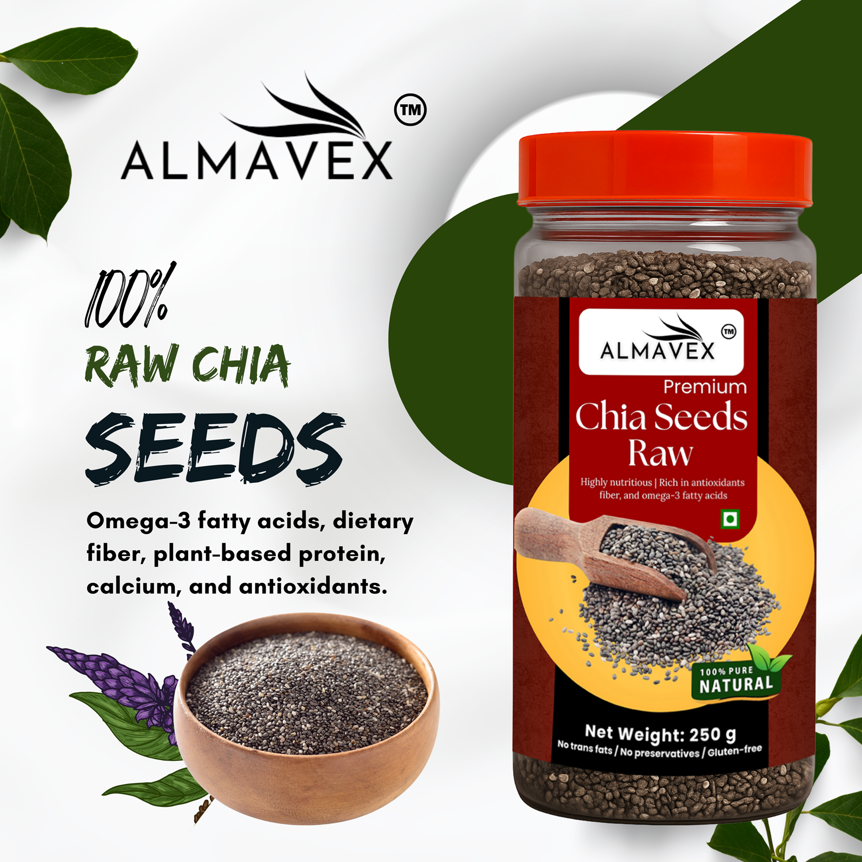 Almavex Premium Raw Chia Seeds | For Weight Loss | Omega-3, Fibre & Protein Superfood | (250g)