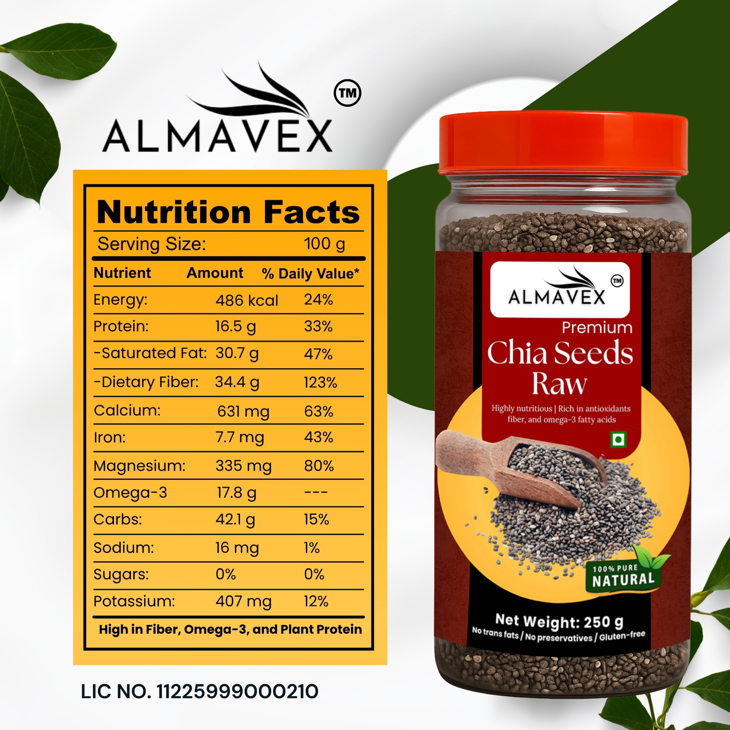 Almavex Premium Raw Chia Seeds | For Weight Loss | Omega-3, Fibre & Protein Superfood | (250g)