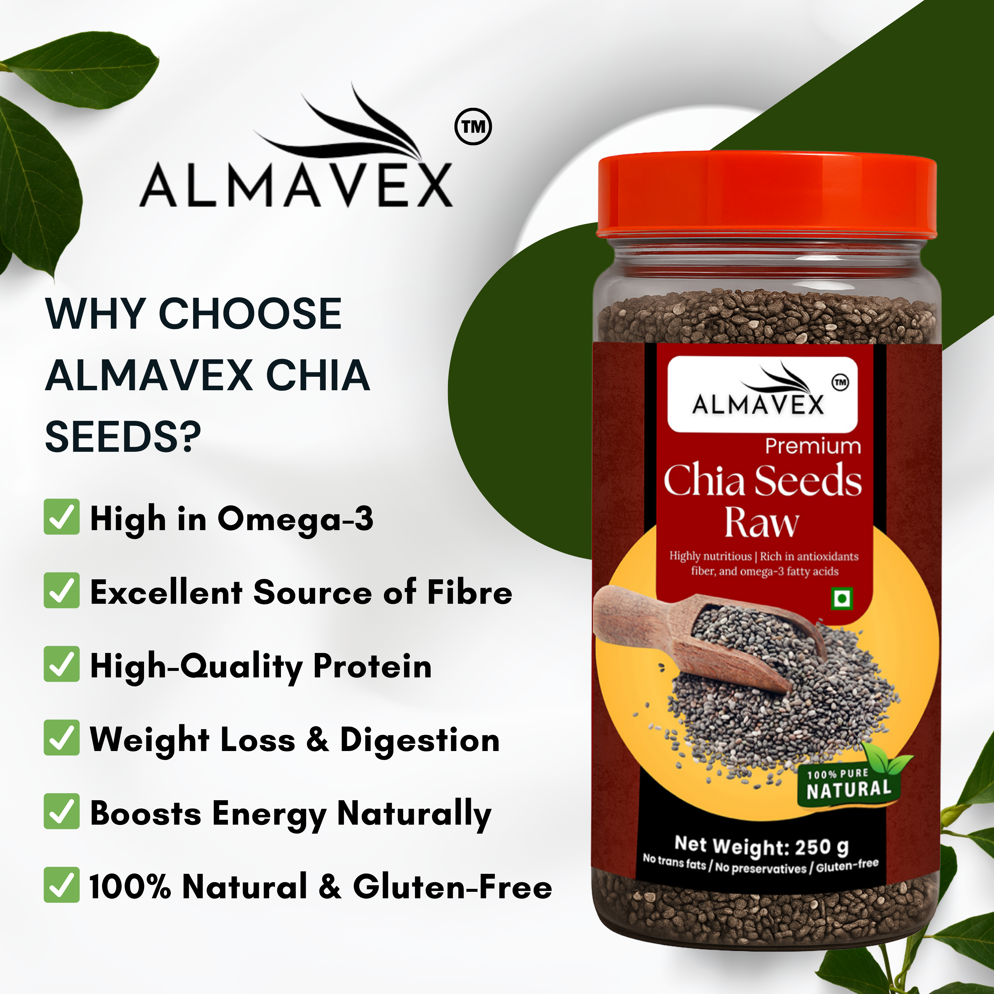 Almavex Premium Raw Chia Seeds | For Weight Loss | Omega-3, Fibre & Protein Superfood | (250g)