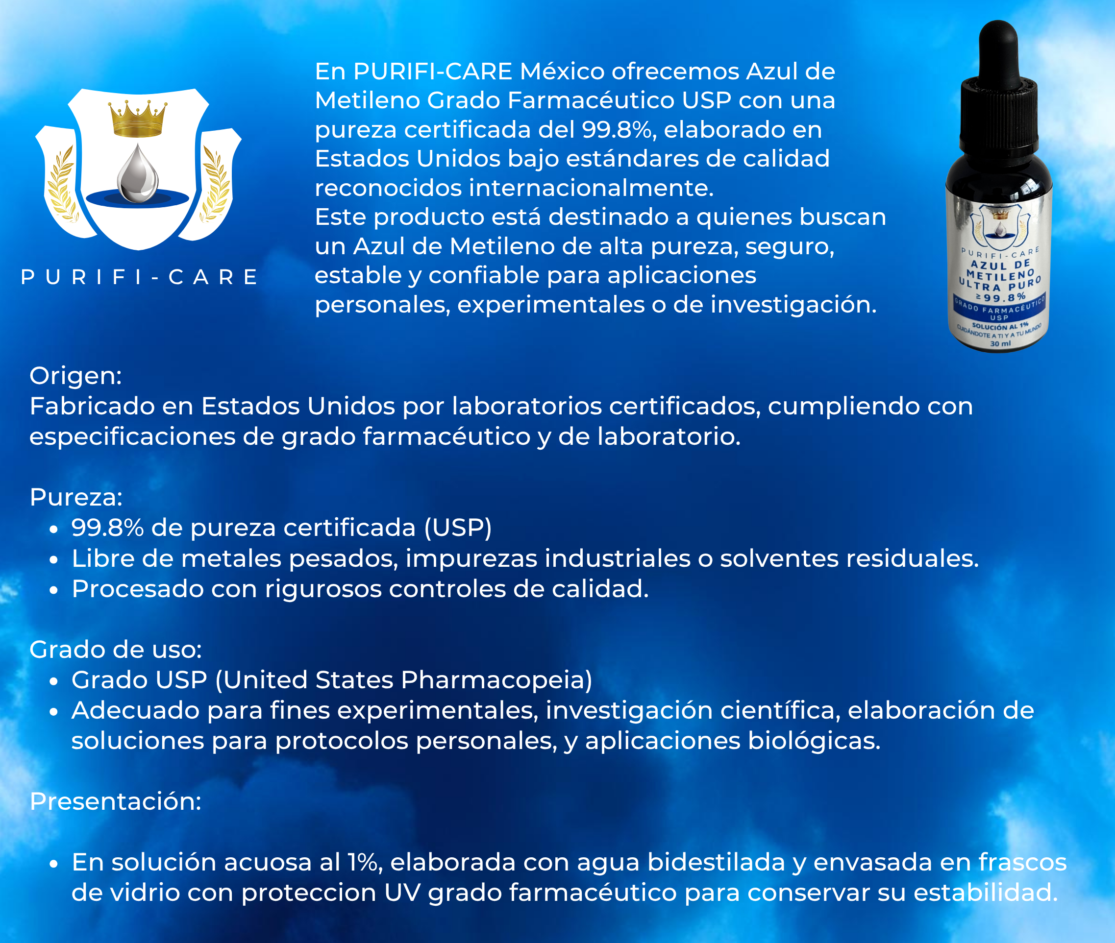 Azul de Metileno Grado Farmacéutico USP - 30 ml