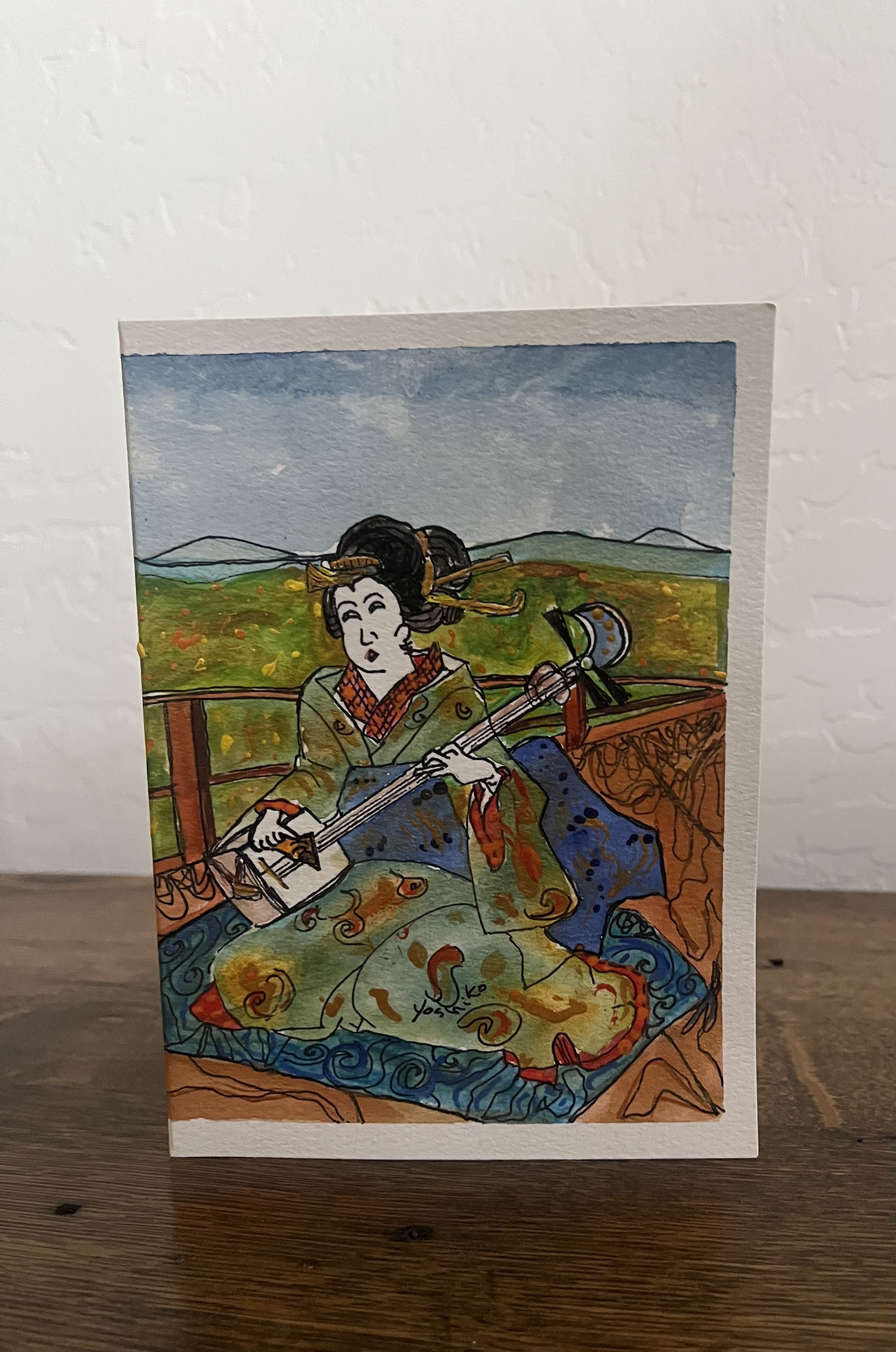 Acrylic Greeting Card with envelop "Shamisen Geisha" / アクリリック 画材のグリーティングカード「三味線芸者」 