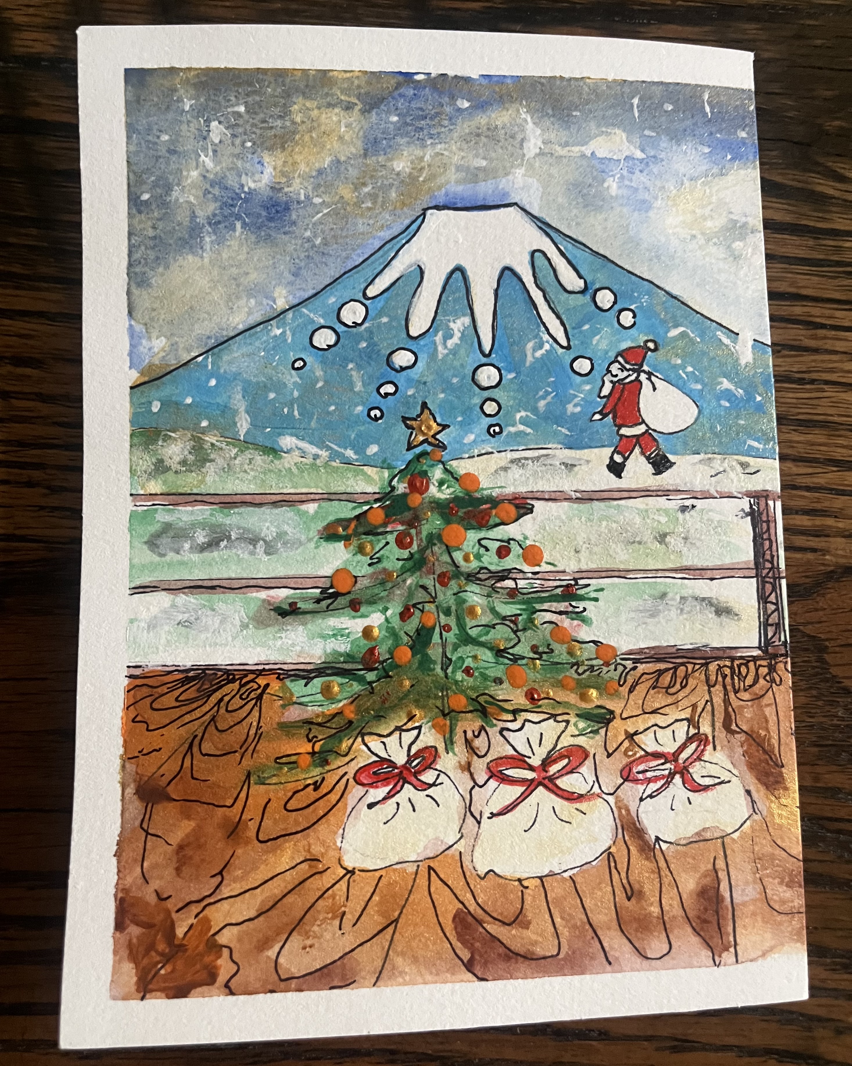 Acrylic Greeting Card, "Geisha Girl studying bible on Christmas Day"/ アクリリック グリーティングカード「芸者ガール聖書読むXマス」 