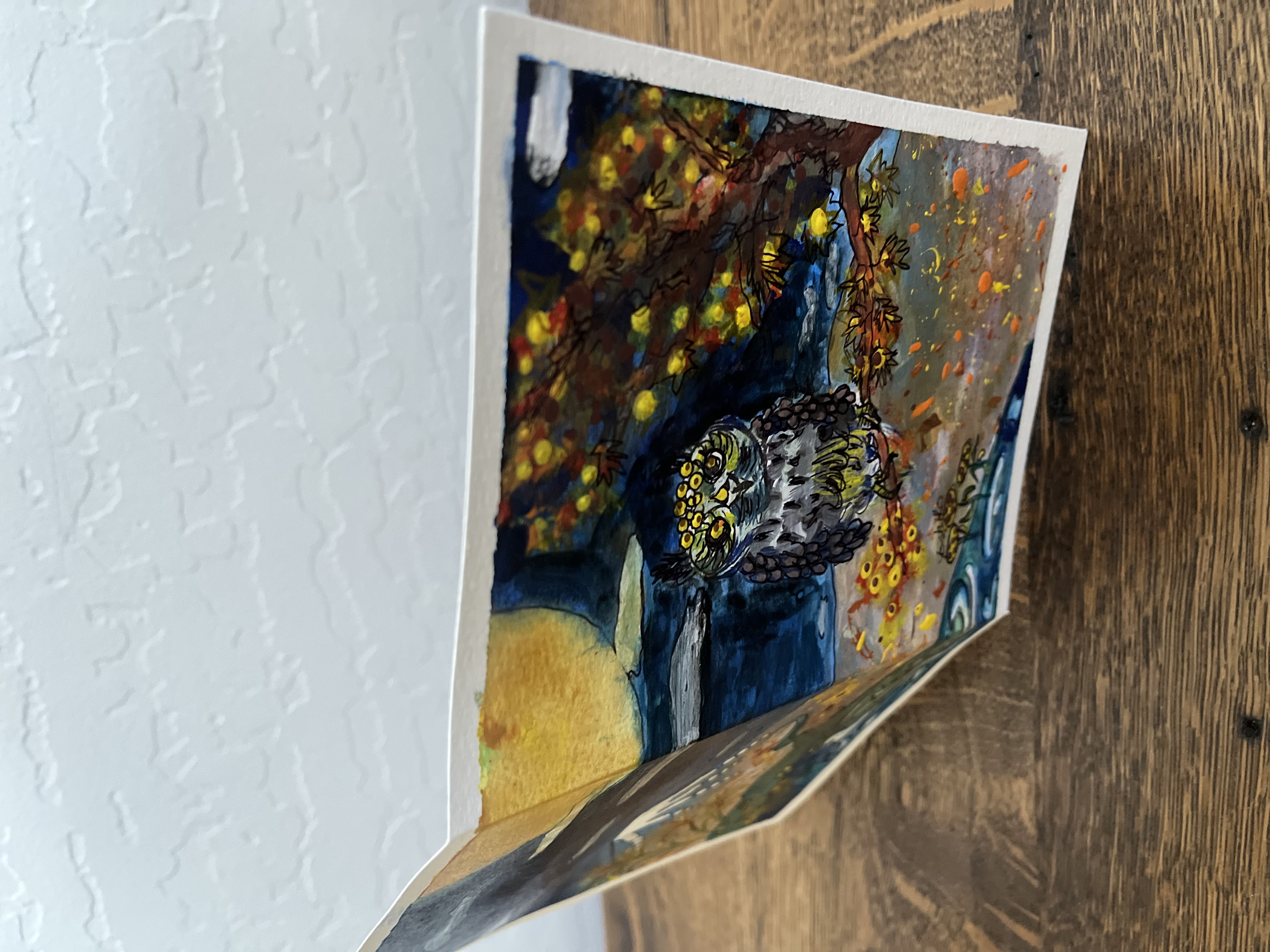 "Owl Fuji"  Acrylic Greeting Card with envelop / アクリリック 画材の封筒つきグリーティングカード「フクロウ　富士 」
