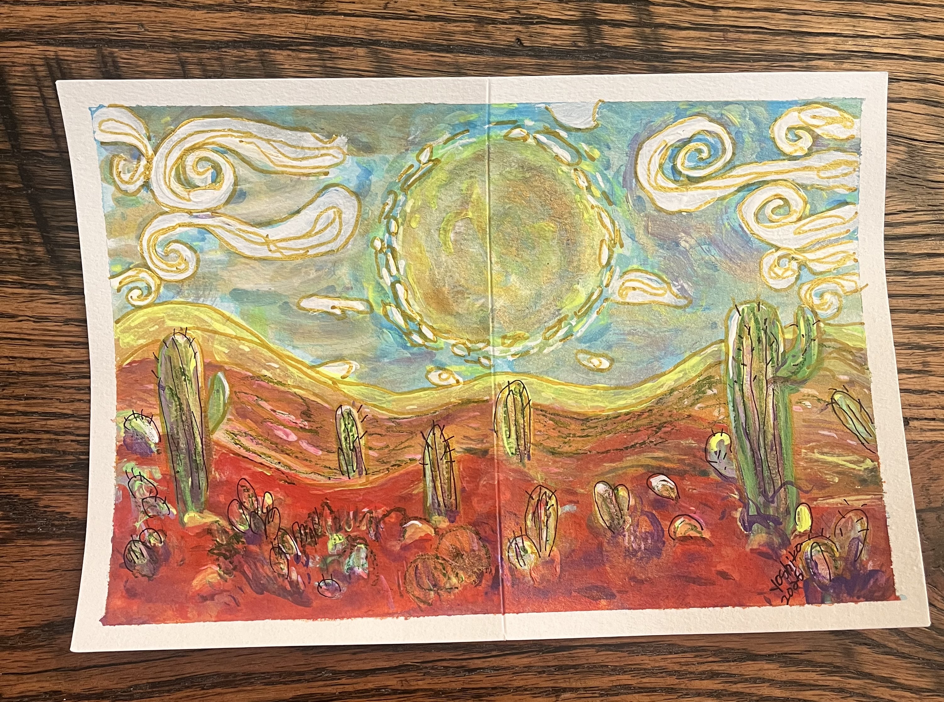 Acrylic Greeting Card with envelop "Full Moon in Arizona"/ アクリリック 画材グリーティングカード「アリゾナの満月」