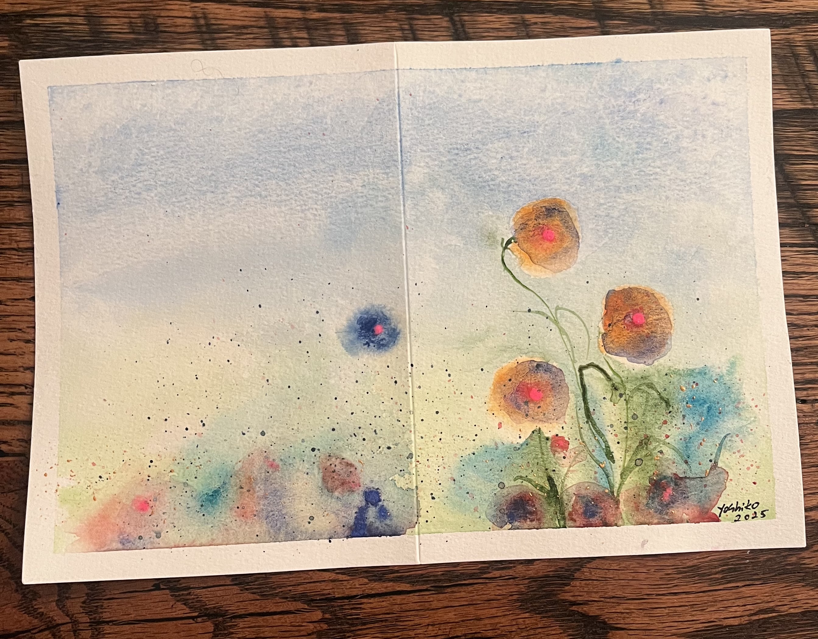 Acrylic Greeting Card with envelop, "Balloon Flowers"/ アクリリック画材グリーティングカード封筒付き「バルーンフラワー」