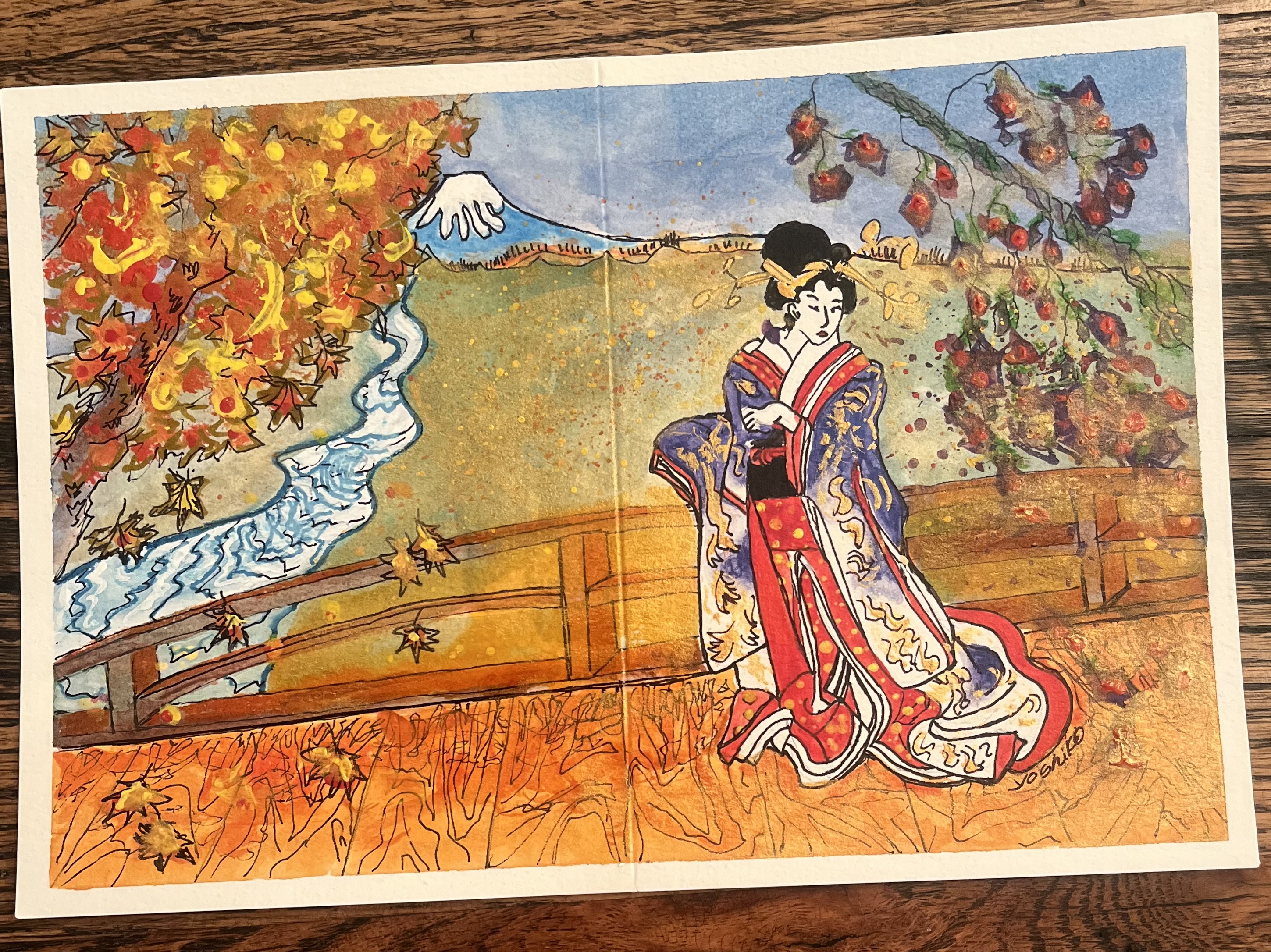 [SOLD OUT] Mount Fuji Geisha, Acrylic  Greeting Card / アクリリック画材のグリーティングカード「富士山芸者」