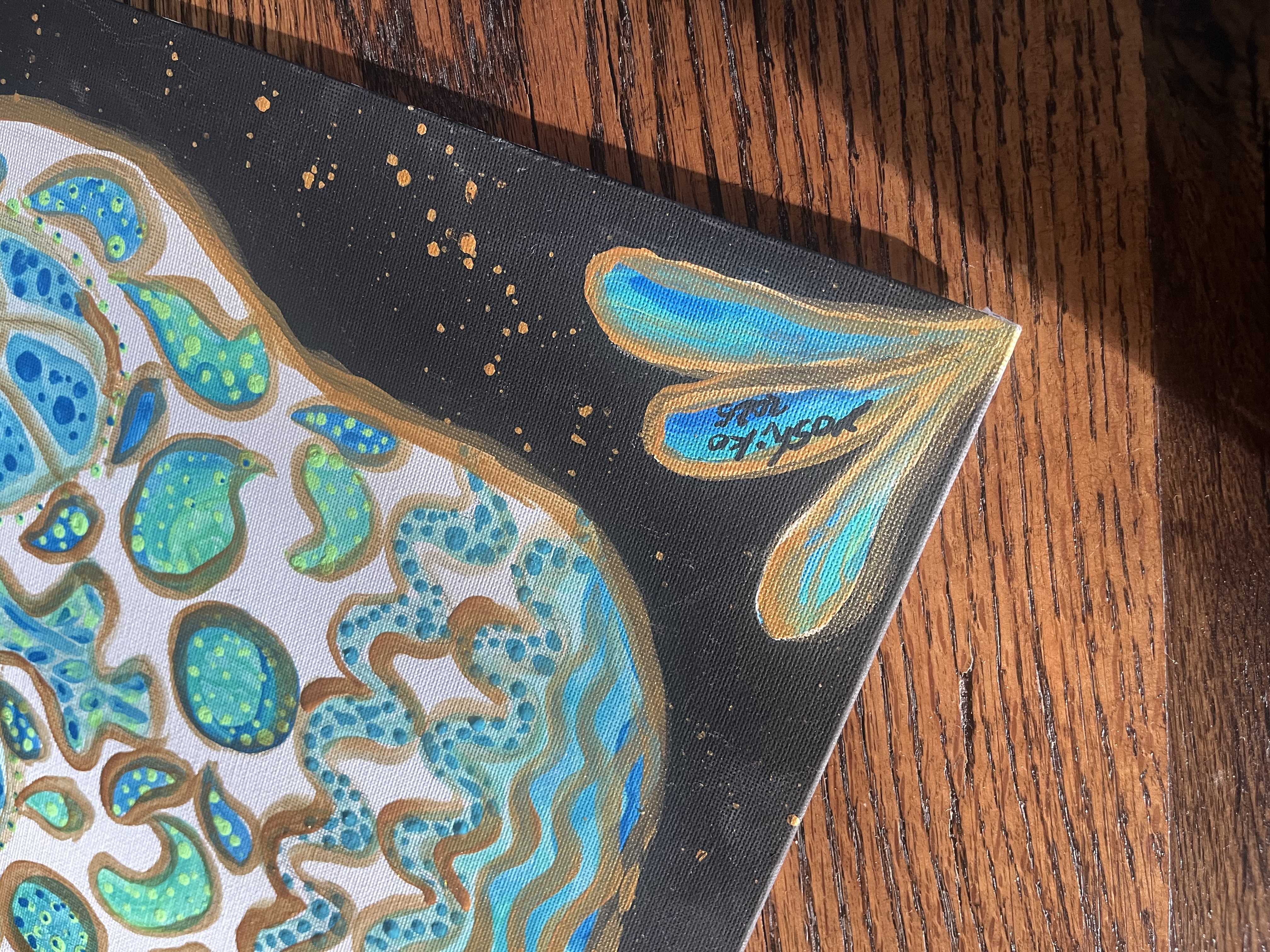 16" x 12" Acrylic on board "Bluish Skelton' / 40.64 cm x 30 cm アクリリック 画材　「青い骸骨」