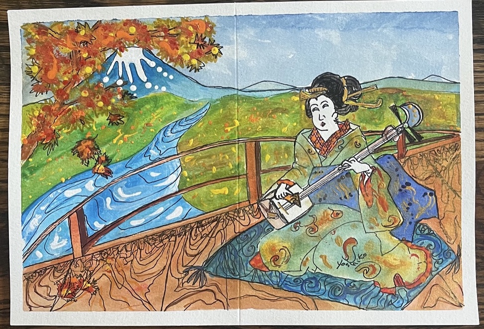 Acrylic Greeting Card with envelop "Shamisen Geisha" / アクリリック 画材のグリーティングカード「三味線芸者」 