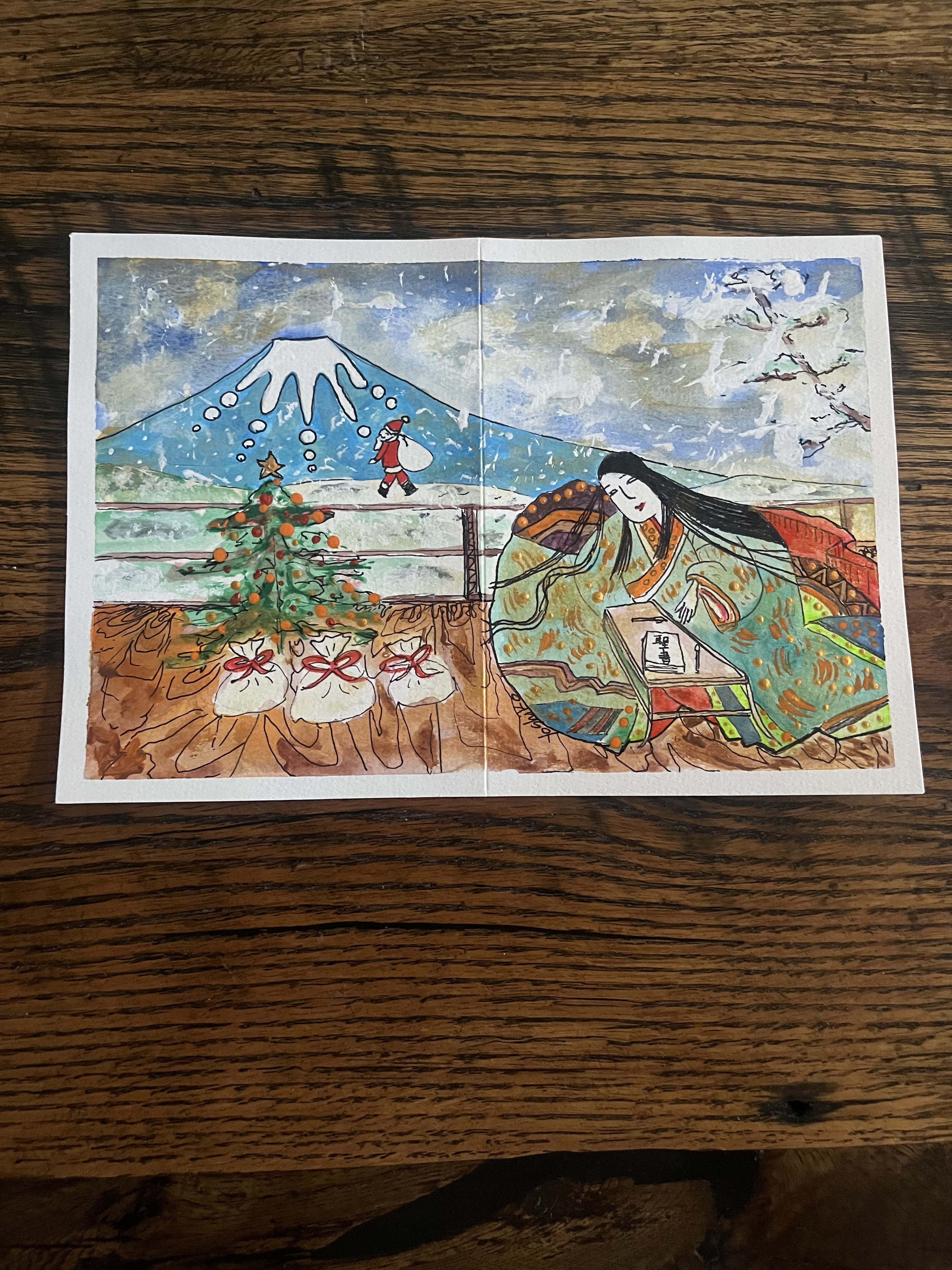 Acrylic Greeting Card, "Geisha Girl studying bible on Christmas Day"/ アクリリック グリーティングカード「芸者ガール聖書読むXマス」 