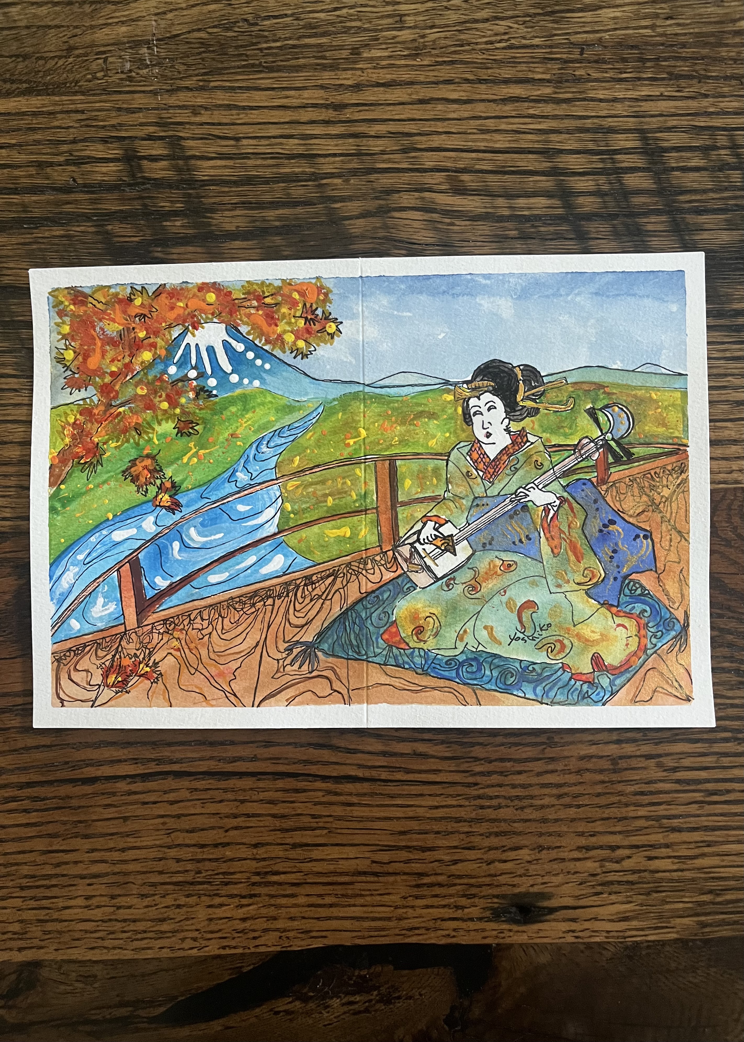 Acrylic Greeting Card with envelop "Shamisen Geisha" / アクリリック 画材のグリーティングカード「三味線芸者」 