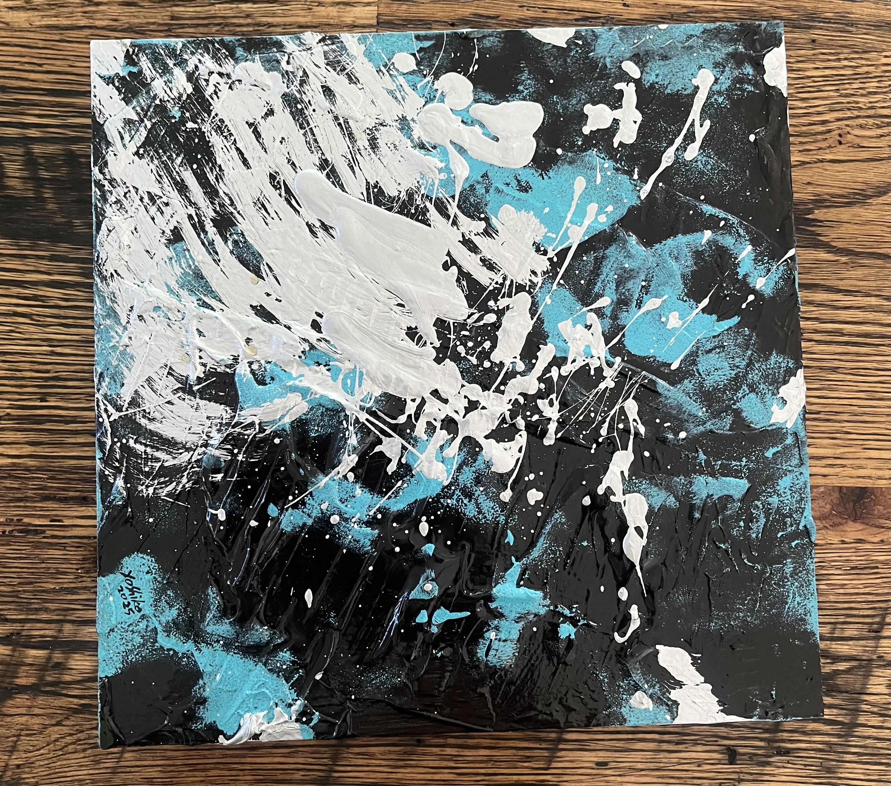 Acrylic 10'x 10' on board"Burst of Turquoise /アクリリック 画材25.4 x 25cm x 25.4cm 「トルコ石のバースト」