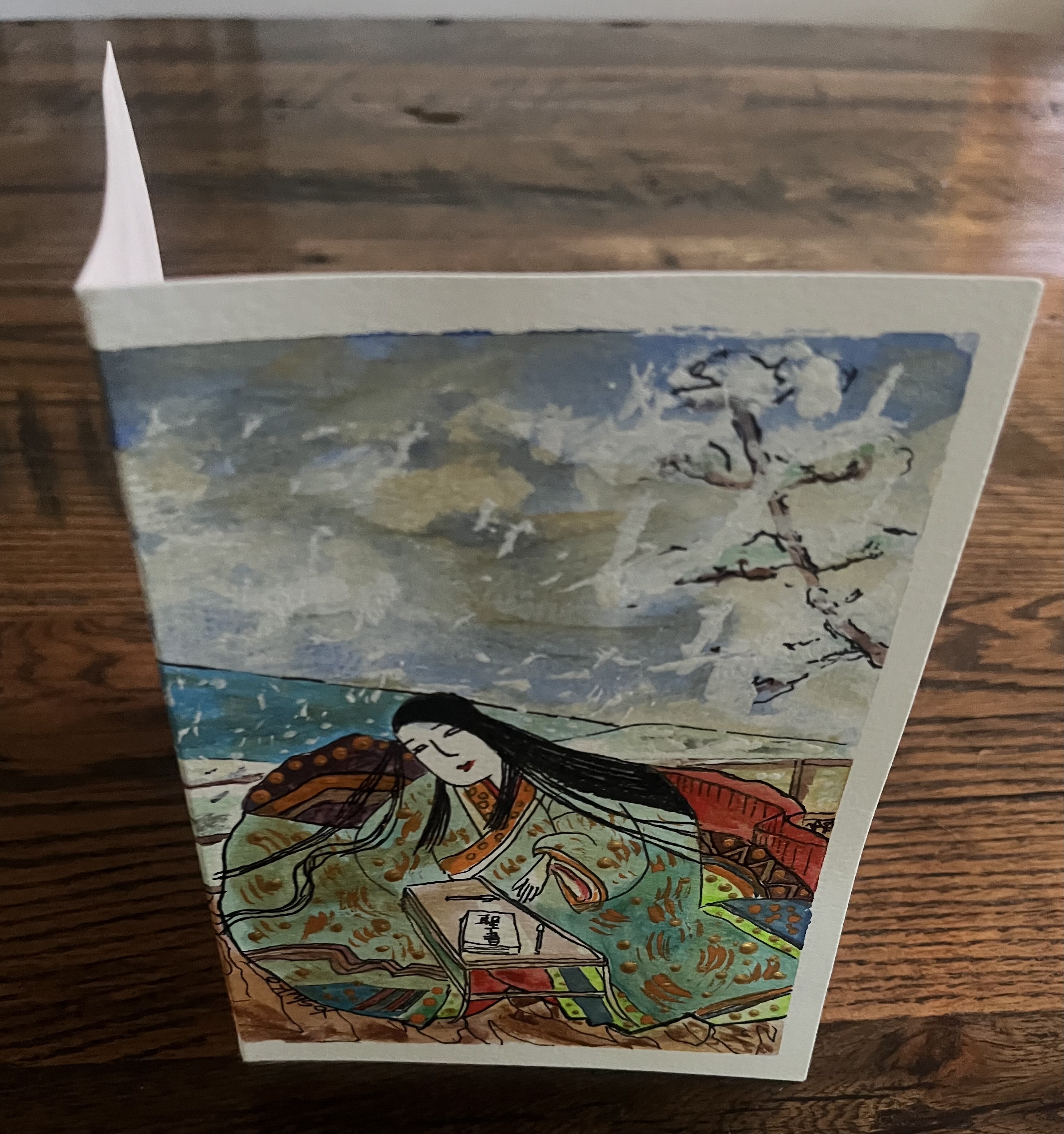 Acrylic Greeting Card, "Geisha Girl studying bible on Christmas Day"/ アクリリック グリーティングカード「芸者ガール聖書読むXマス」 