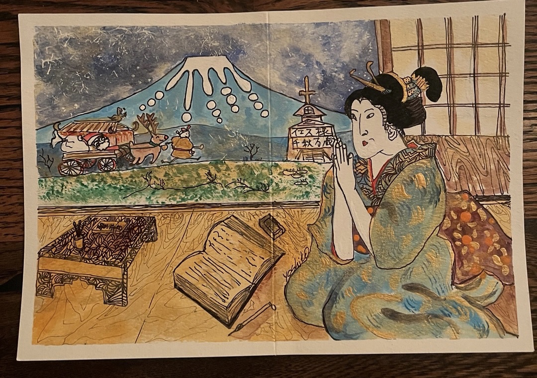 Acrylic Greeting Card with envelop," Geisha Christmas" / アクリリック グリーティングカード封筒付き「芸者クリスマス」
