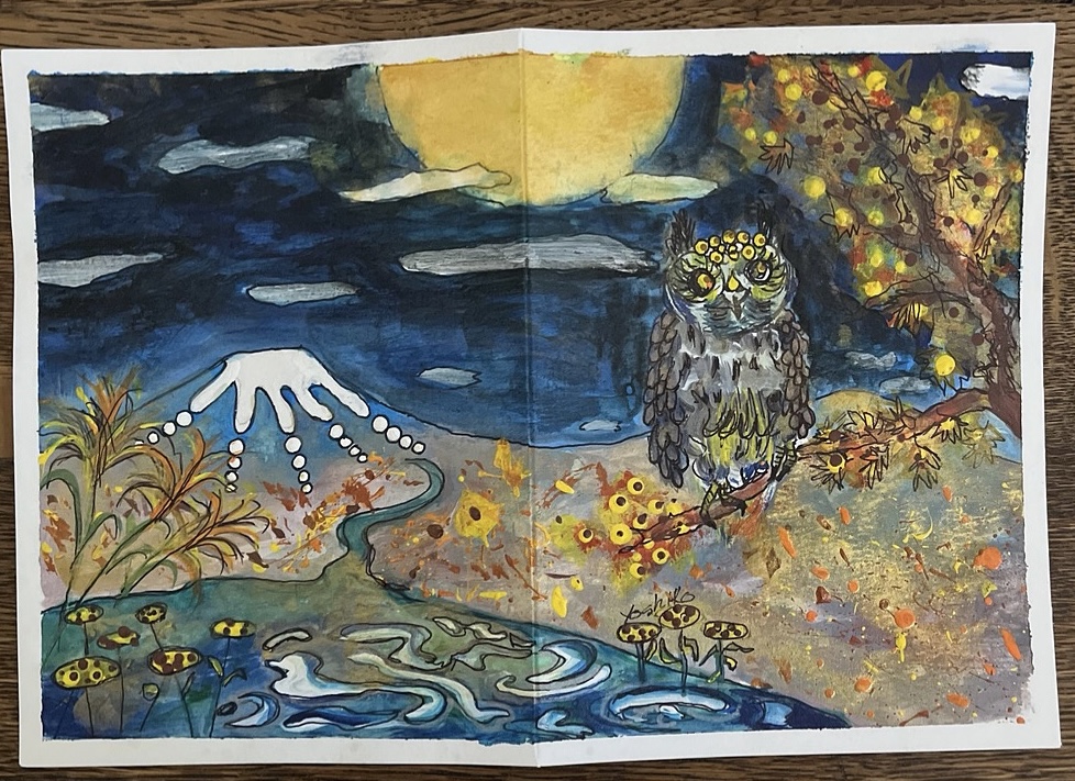 "Owl Fuji"  Acrylic Greeting Card with envelop / アクリリック 画材の封筒つきグリーティングカード「フクロウ　富士 」