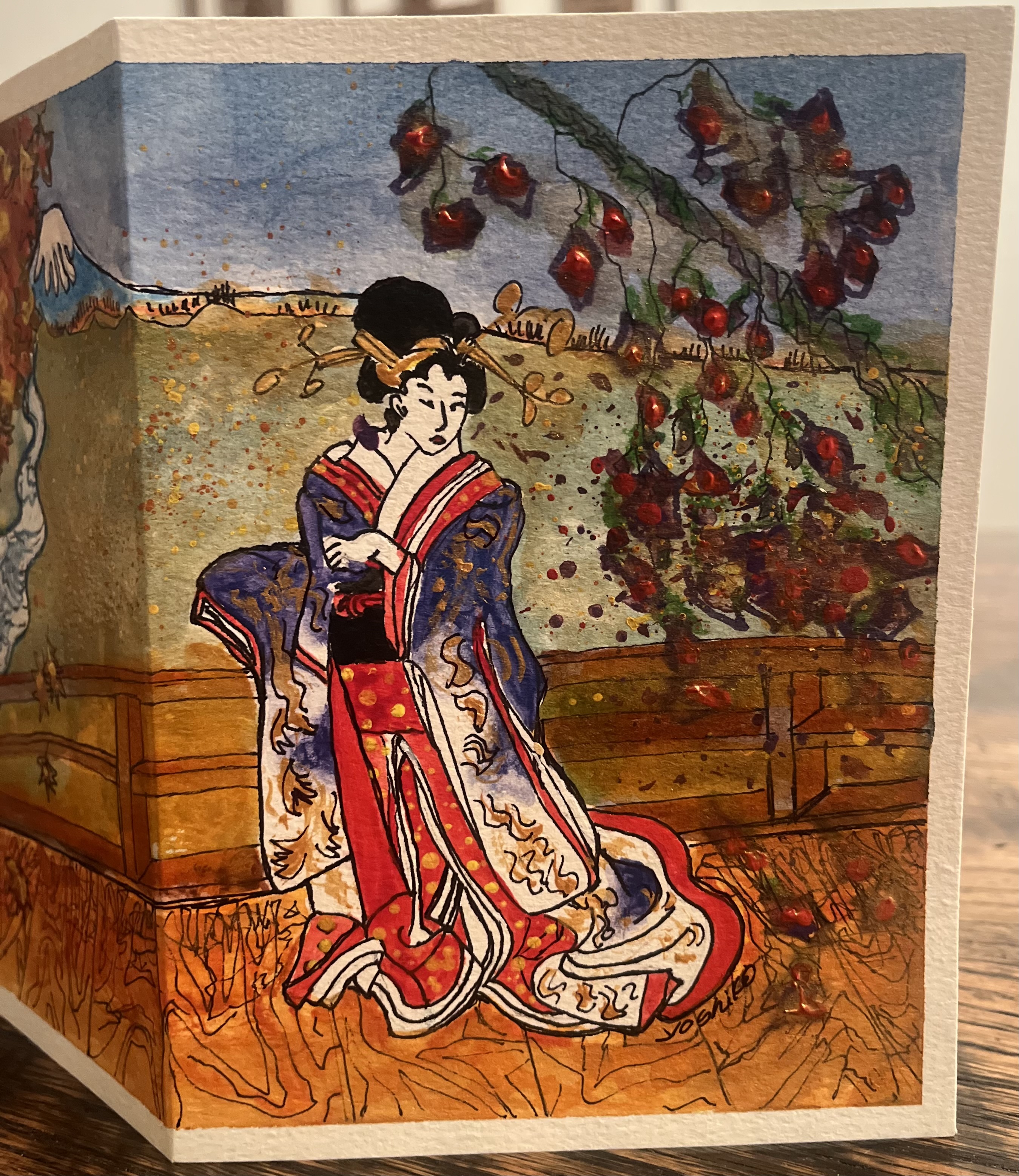 [SOLD OUT] Mount Fuji Geisha, Acrylic  Greeting Card / アクリリック画材のグリーティングカード「富士山芸者」