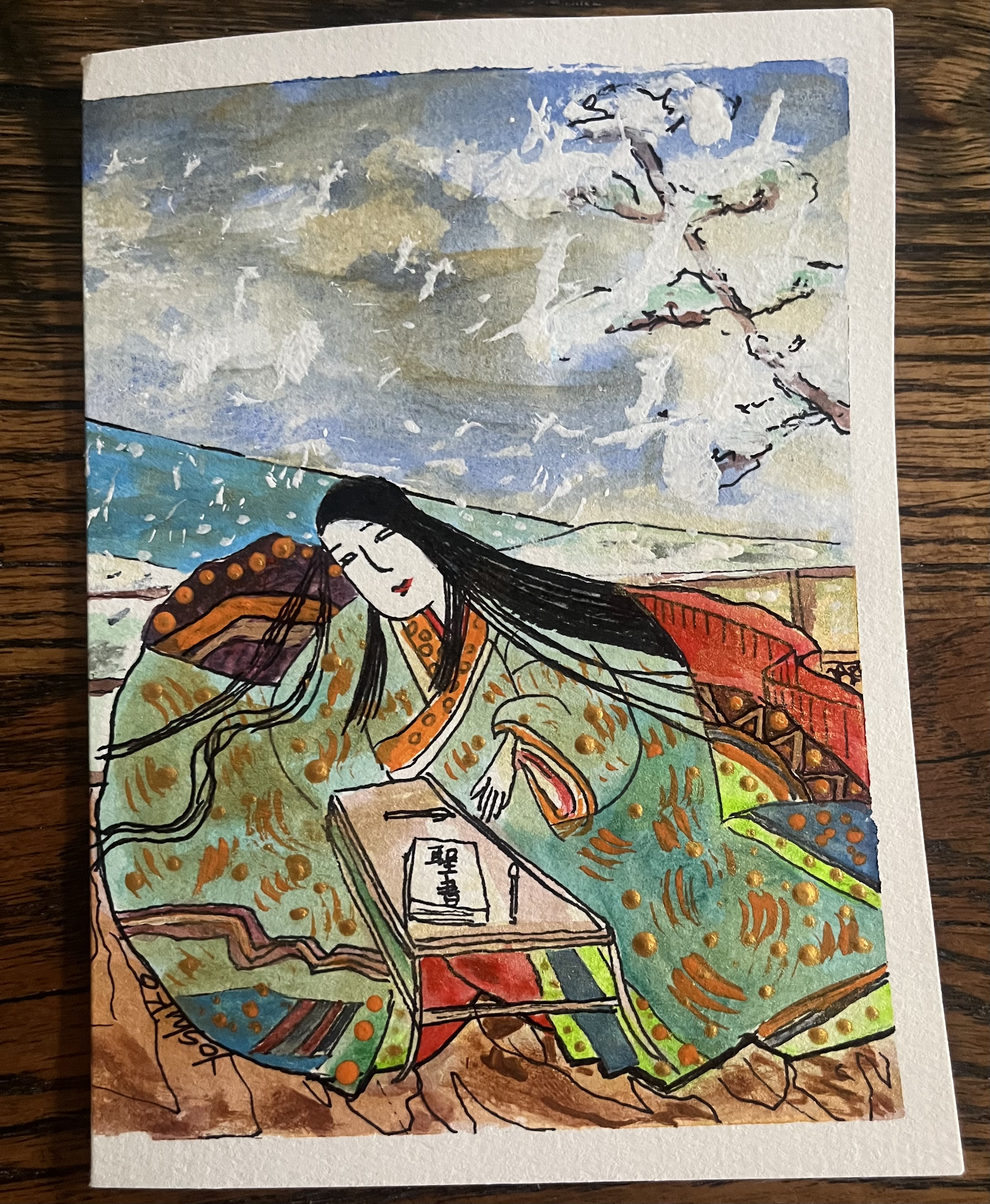 Sold out Acrylic Greeting Card, "Geisha girl studying bible "/ 売り切れ「芸者ガール,クリスマスに聖書の勉強」