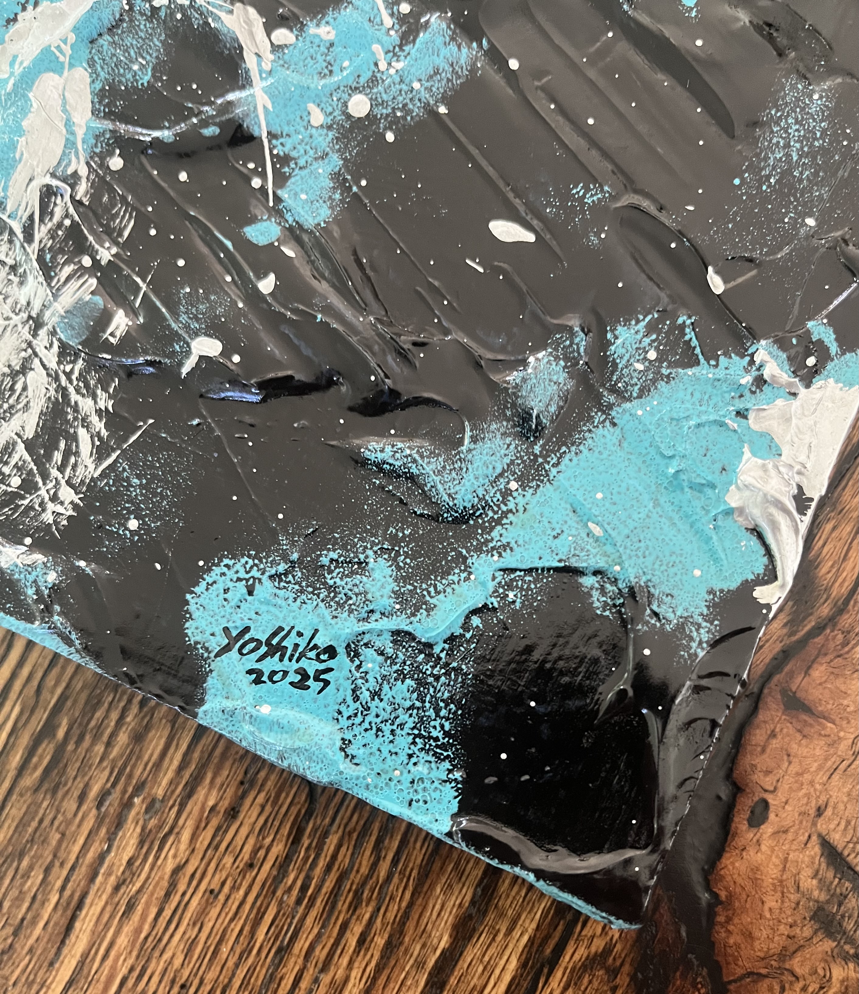 Acrylic 10'x 10' on board"Burst of Turquoise /アクリリック 画材25.4 x 25cm x 25.4cm 「トルコ石のバースト」