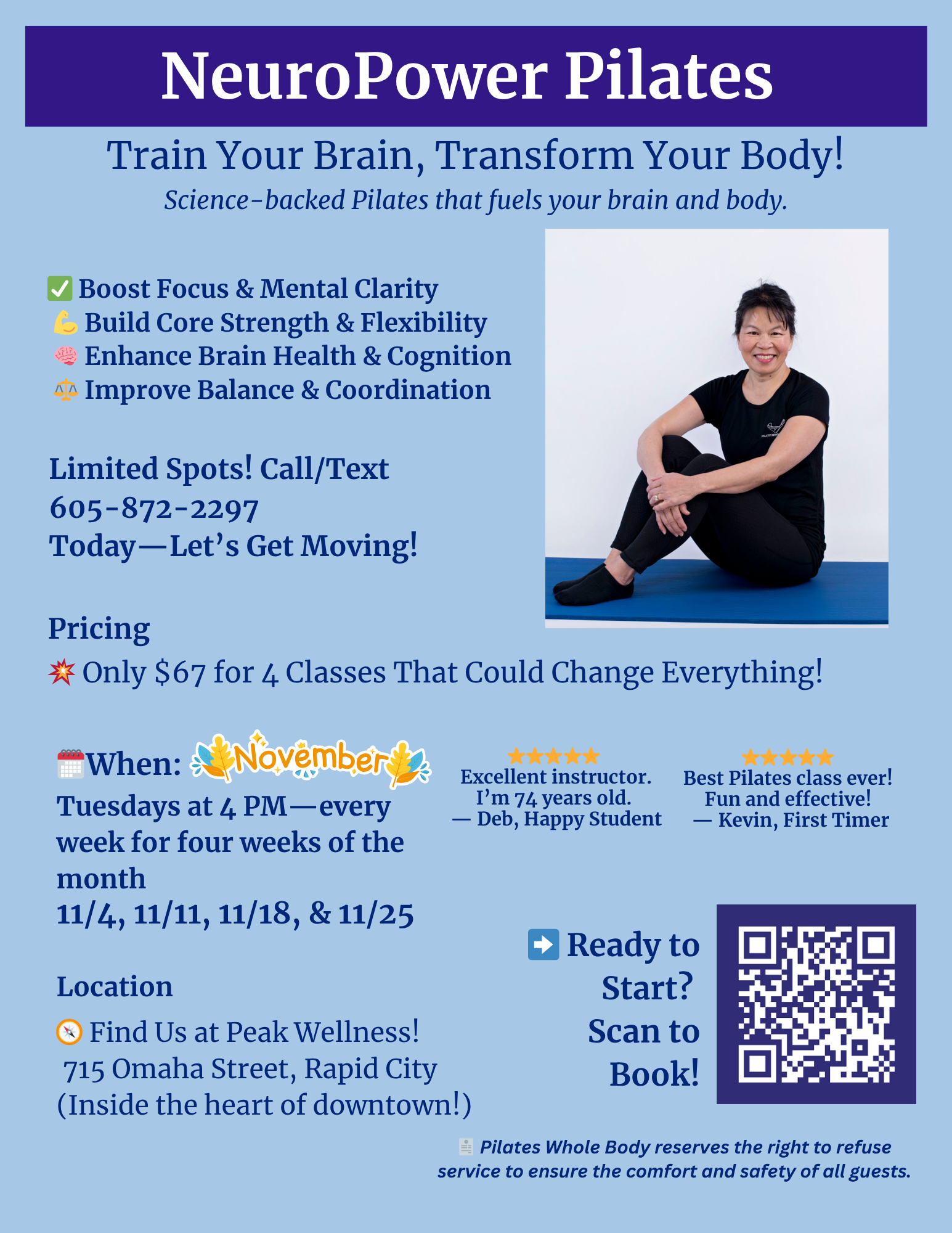 Tuesdays NeuroPower Pilates Classes