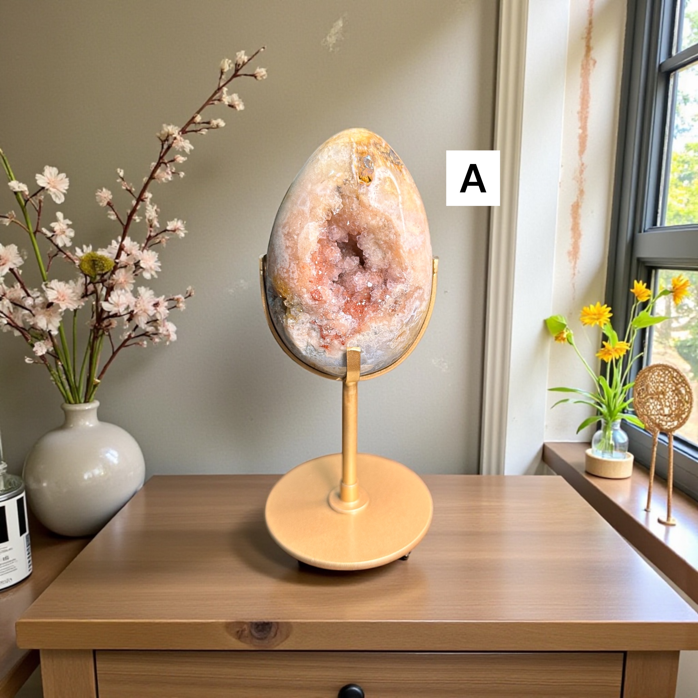 Pink Amethyst/Flower Agate Egg With Gold Stand