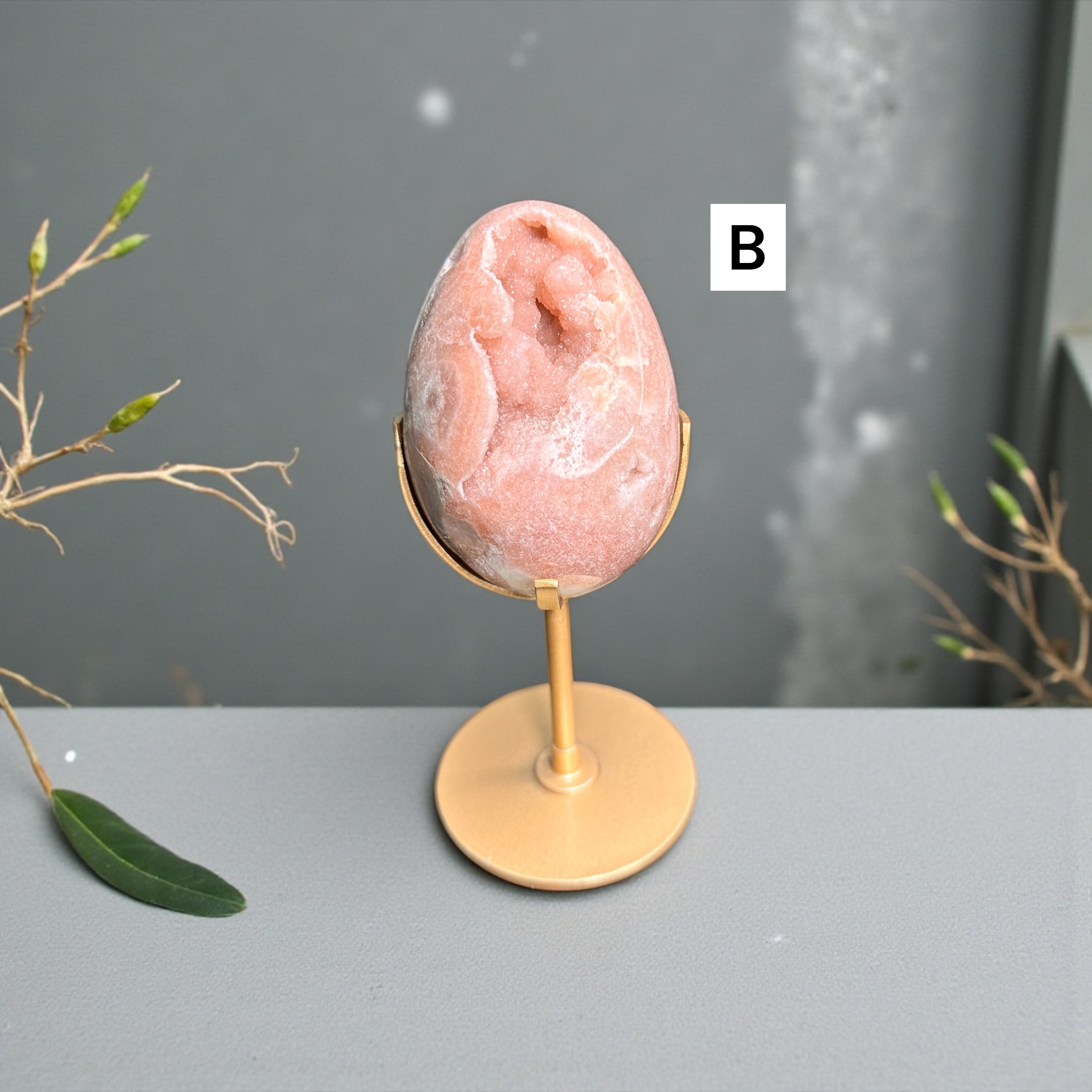 Pink Amethyst/Flower Agate Egg With Gold Stand