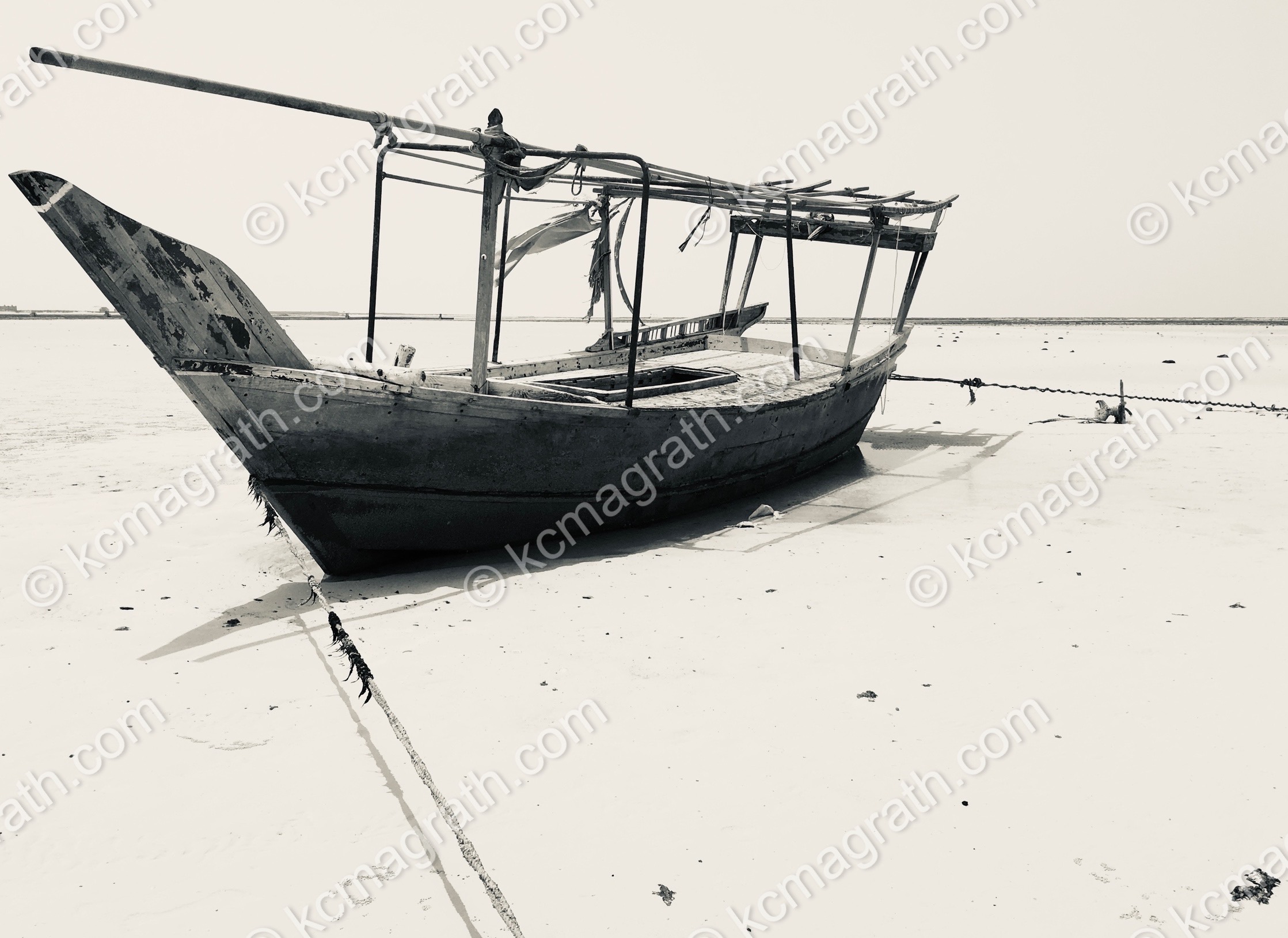 Doha's Traditional Wooden Dhow Boat, B&W, Qatar